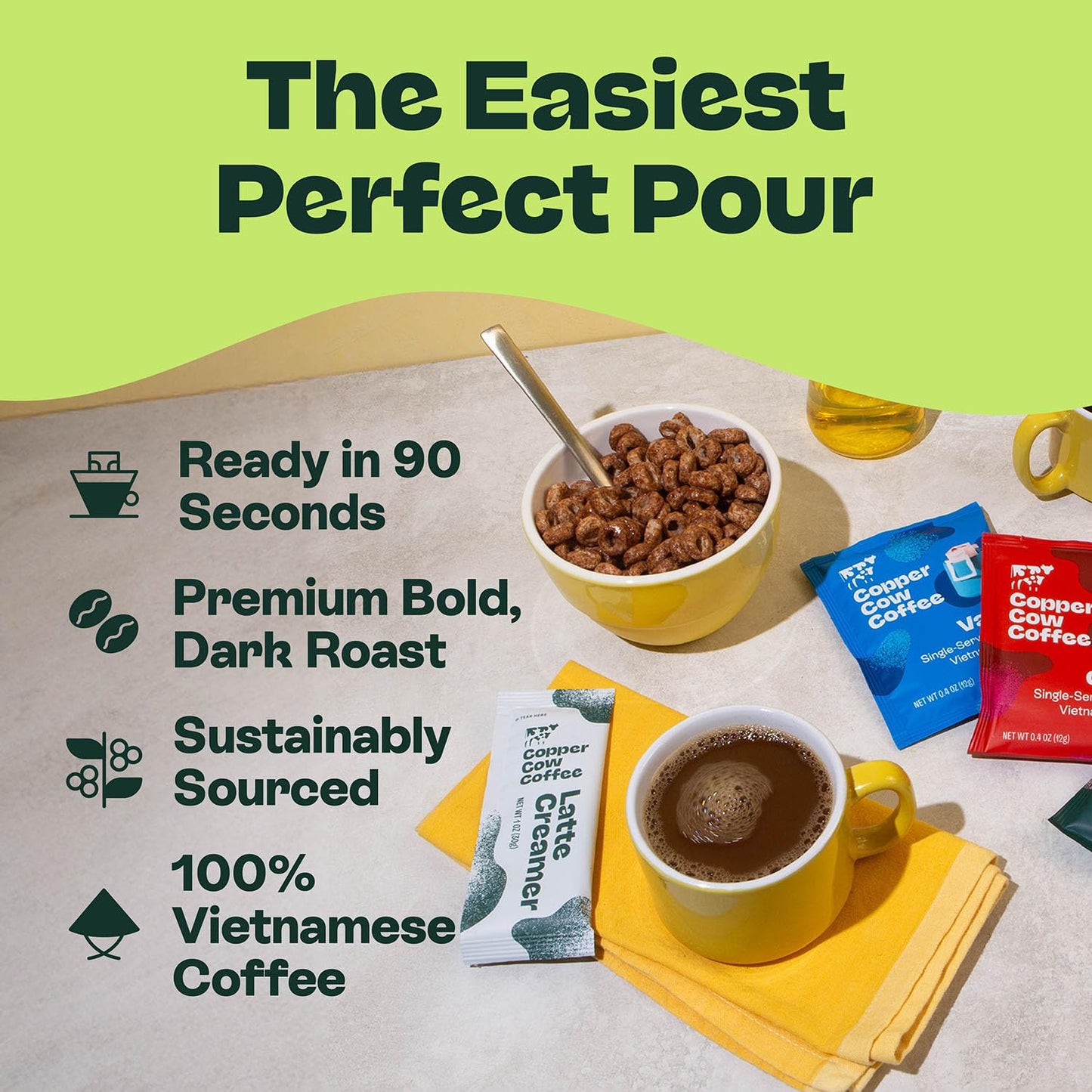 Copper Cow Coffee Pour Over Vietnamese Coffee Pouches + Sweetened Condensed Milk Creamers (8 Coffees & 8 Milk Creamers) | Classic Black Lattes, No