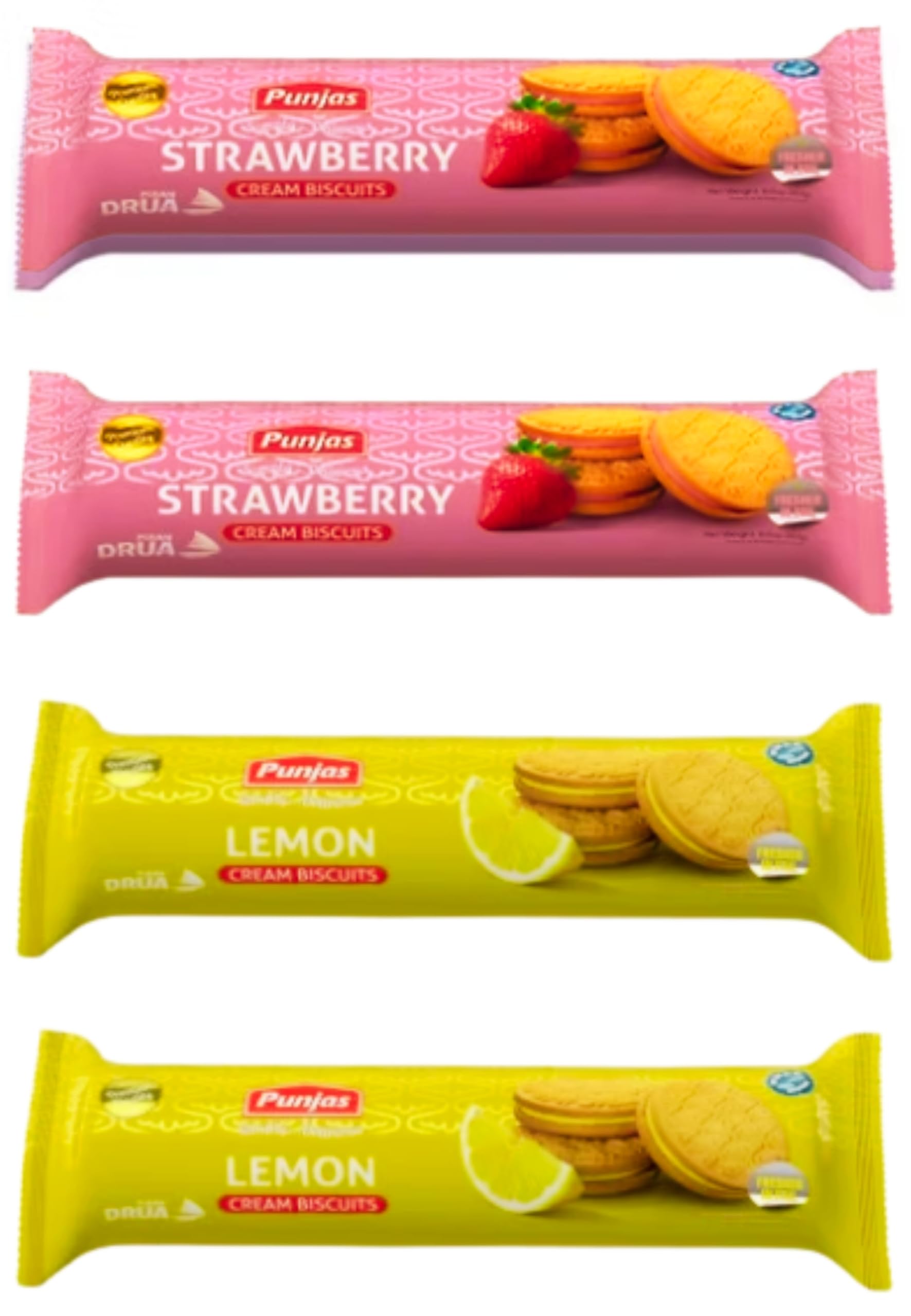 Punjas STRAWBERRY CREAM & LEMON CREAM Biscuits (Pack of 4 x 250g) Smooth Taste in Every Bite, Crafted with Real Flavors