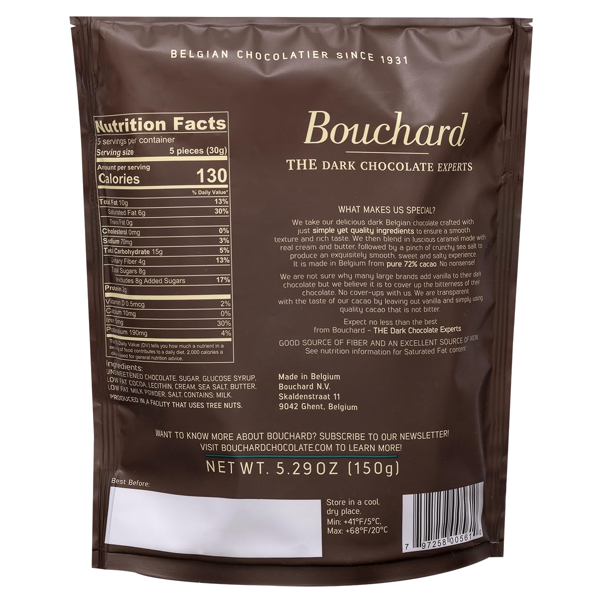 Bouchard Belgian Dark Chocolate with Caramel & Sea Salt (5.29 OZ / 150g) (Pack of 2)