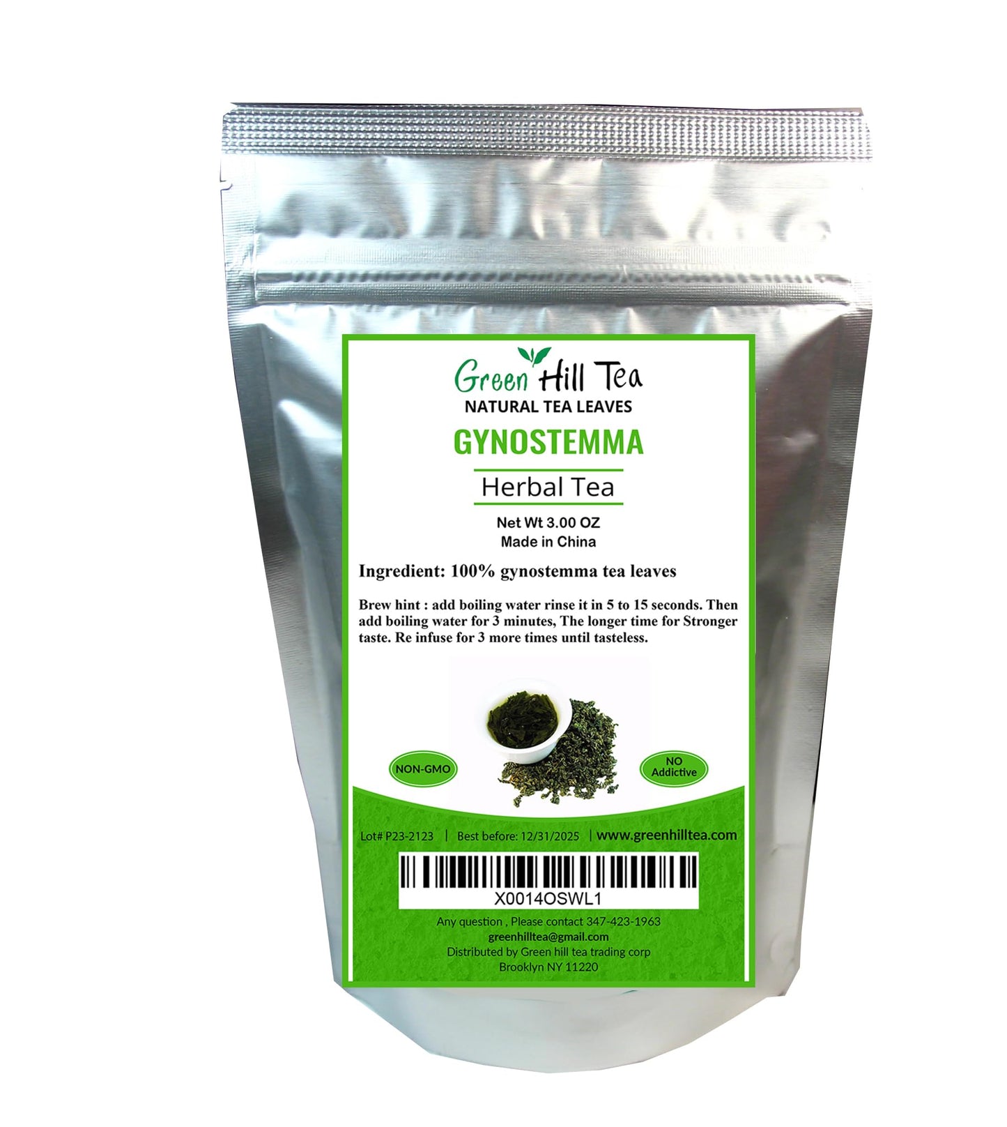 Green Hill Tea Jiaogulan Loose Leaf Tea - Caffeine-Free Ginseng Variety - Pure Gynostemma Herbal Tea - Non GMO 3 OZ packed in foil ziplock bag