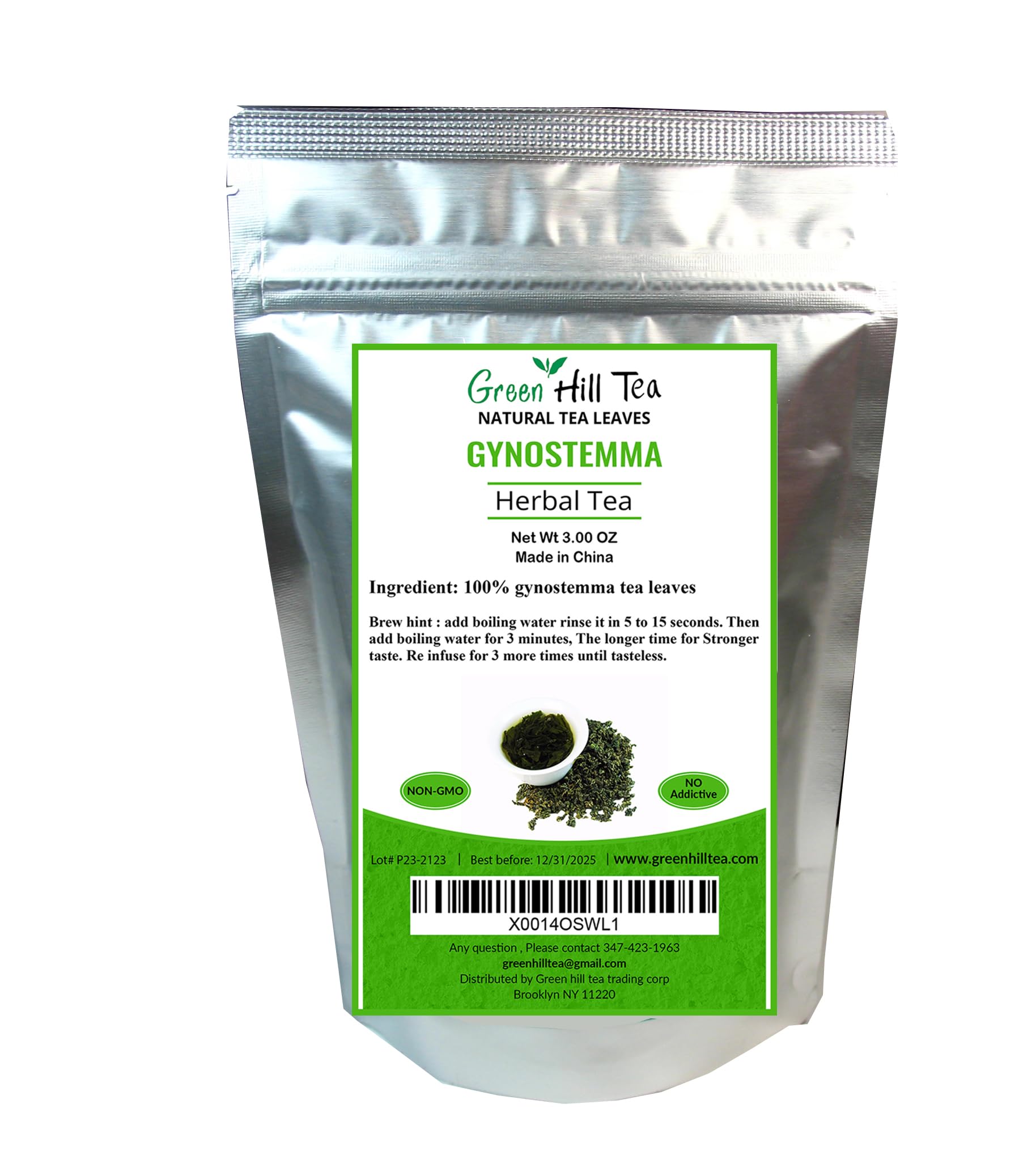 Green Hill Tea Jiaogulan Loose Leaf Tea - Caffeine-Free Ginseng Variety - Pure Gynostemma Herbal Tea - Non GMO 3 OZ packed in foil ziplock bag