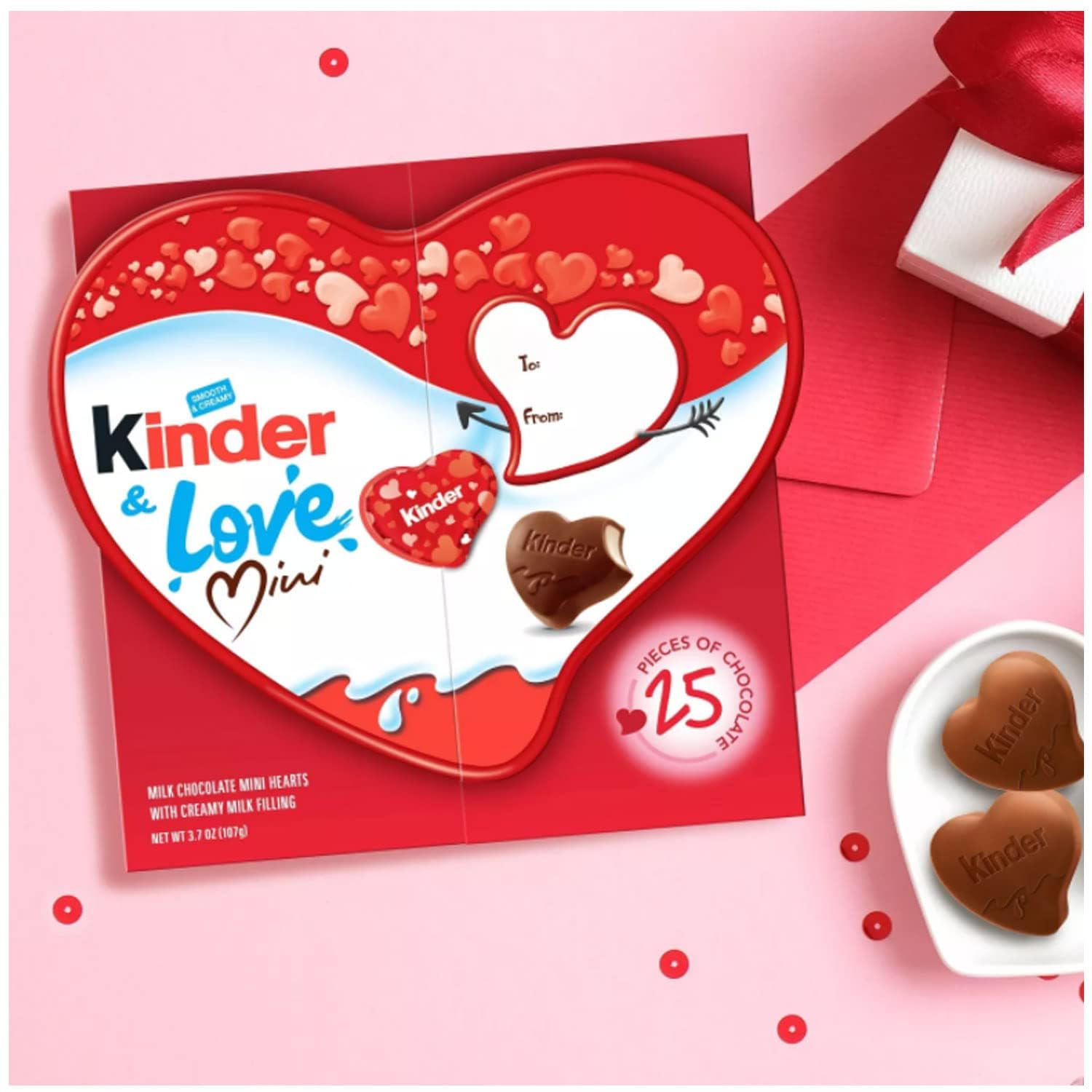 Kinder & Love Gift Box, 25 Mini Milk Chocolate Hearts, Valentine's Gift, 3.7 oz