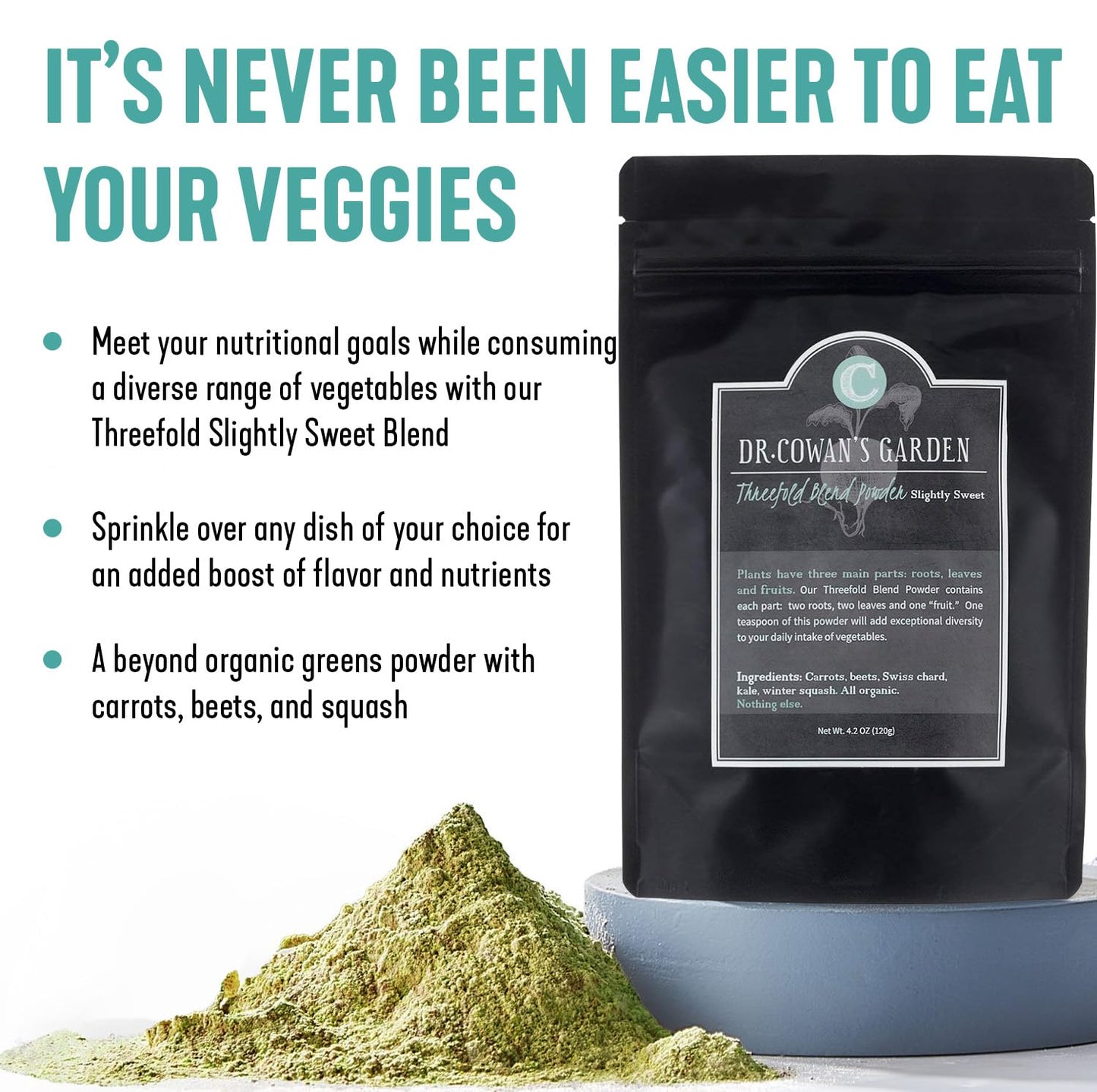 Dr. Cowan’s Garden Threefold Slightly Sweet Vegetable Powder, Greens Powder with Organic Carrots, Beets, Swiss Chard, Kale, Organic Veggie Supplement