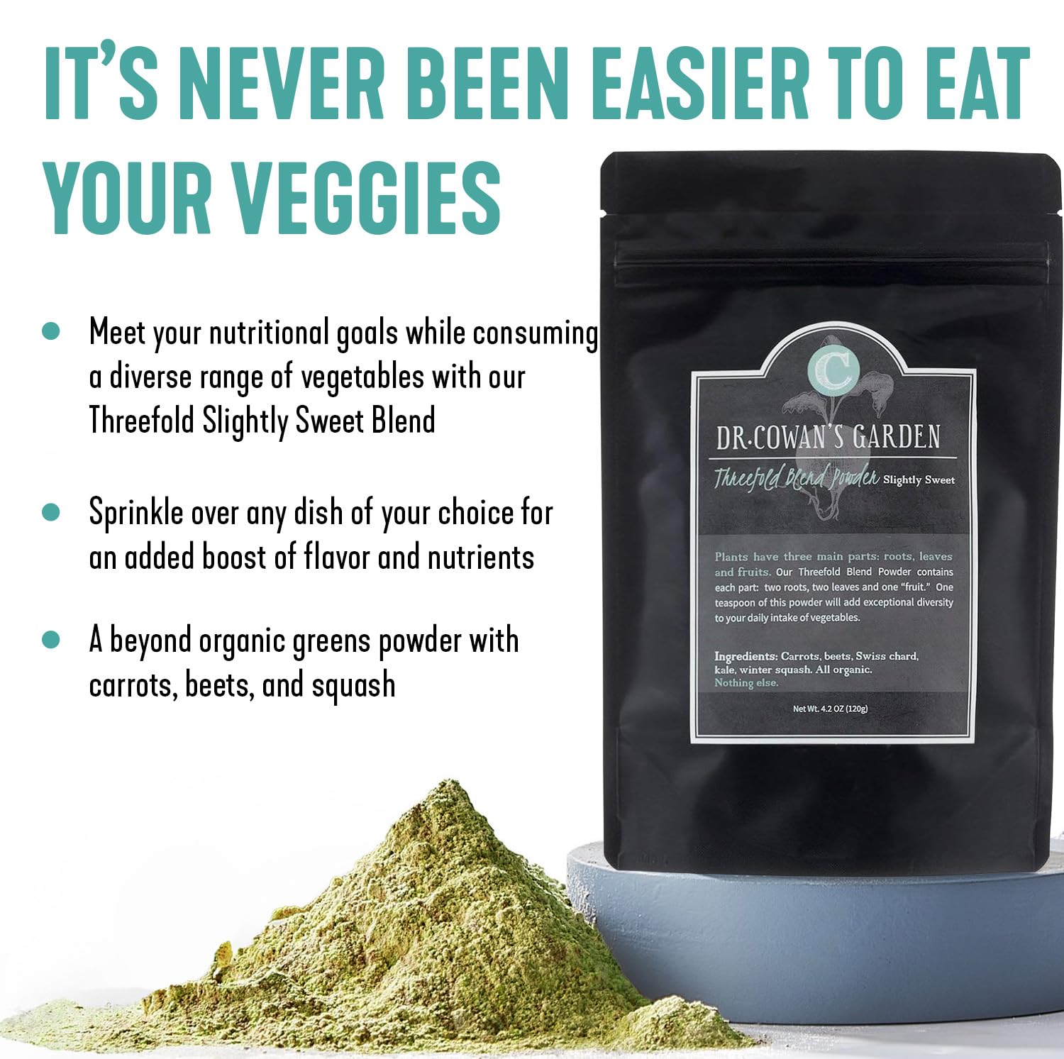 Dr. Cowan’s Garden Threefold Slightly Sweet Vegetable Powder, Greens Powder with Organic Carrots, Beets, Swiss Chard, Kale, Organic Veggie Supplement