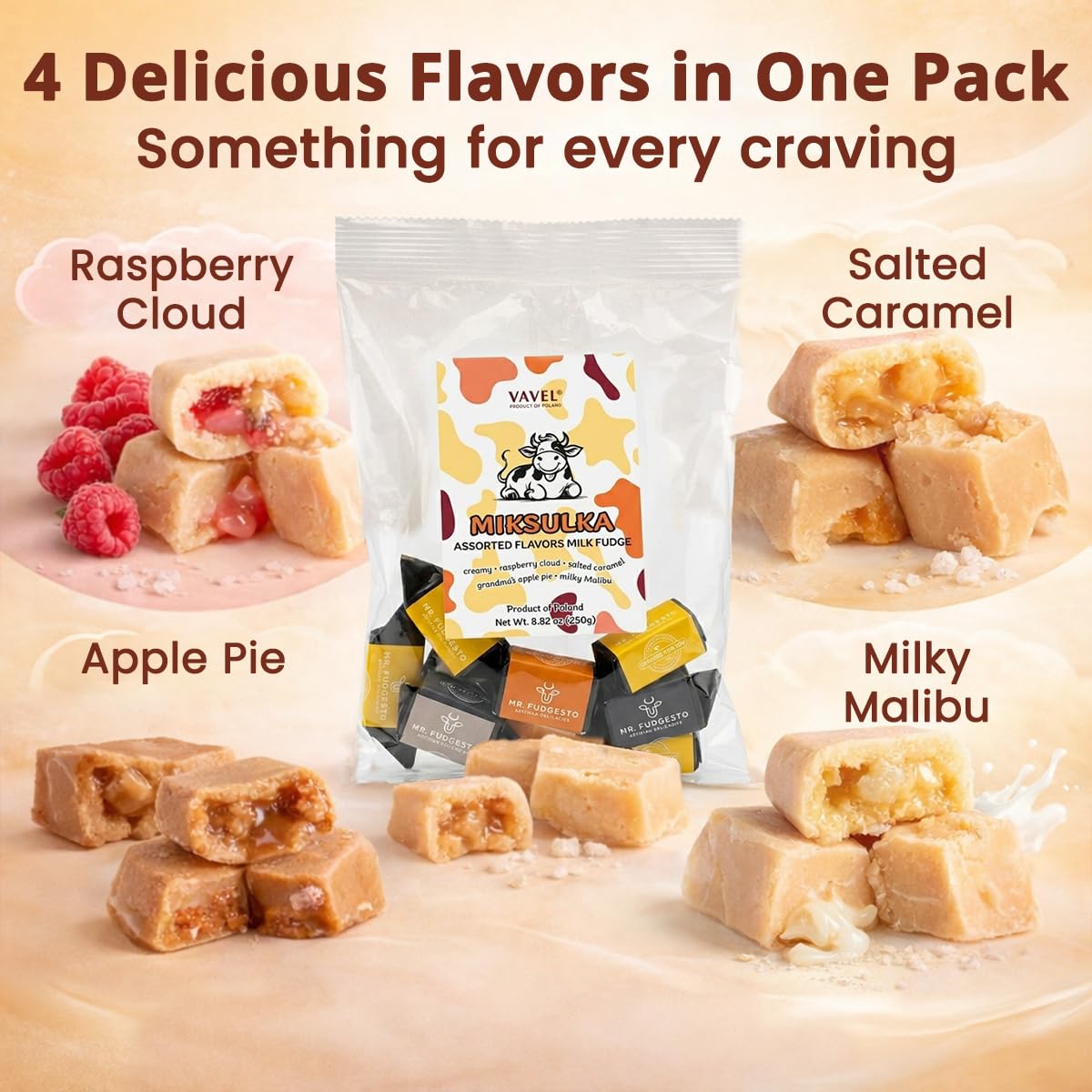 Milk Fudge Candy with Assorted Flavor, Smooth Bite & Creamy Variety - Multi Flavor Salted Caramel fudge with Apple Pie for Gifting & Sharing