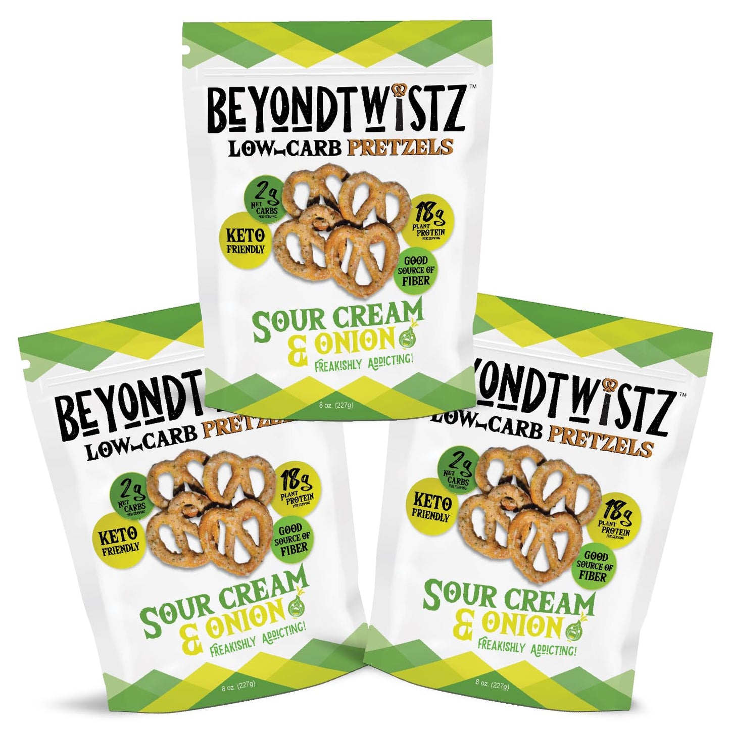 BeyondTwistz Low Carb Pretzels, Sour Cream and Onion, Keto Friendly, 2g Net Carbs, 18g Protein, Powered By HealthSense® High Fiber Wheat Flour, Family