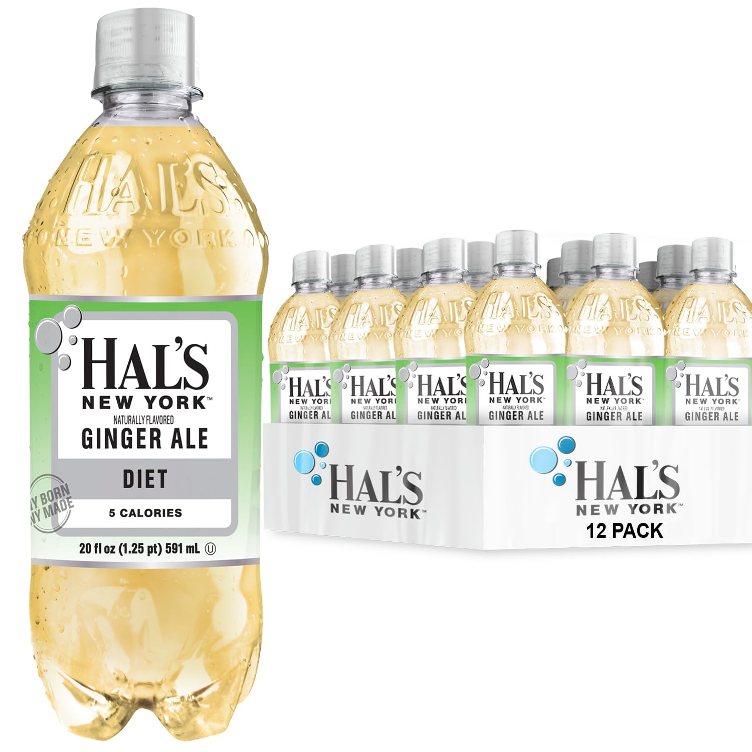 Hal's New York Seltzer Water, Diet Ginger Ale Sparkling Water, 20 Fl Oz Bottles (Pack of 12)