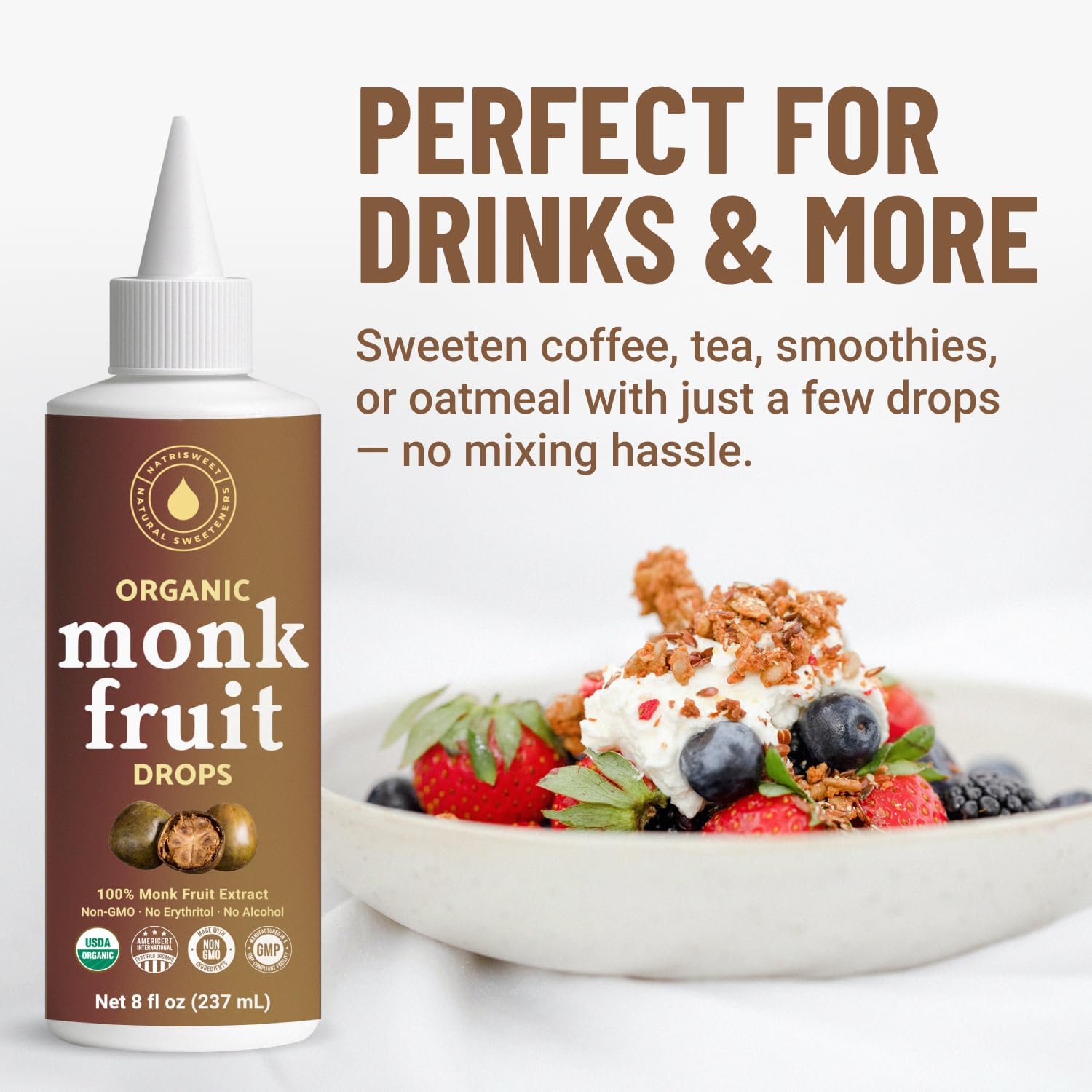Organic Monk Fruit Liquid Sweetener Drops, 100% Pure Extract, Zero Sugar & No Erythritol, Original Flavor Liquid Monk Fruit for Coffee, Tea, Drinks