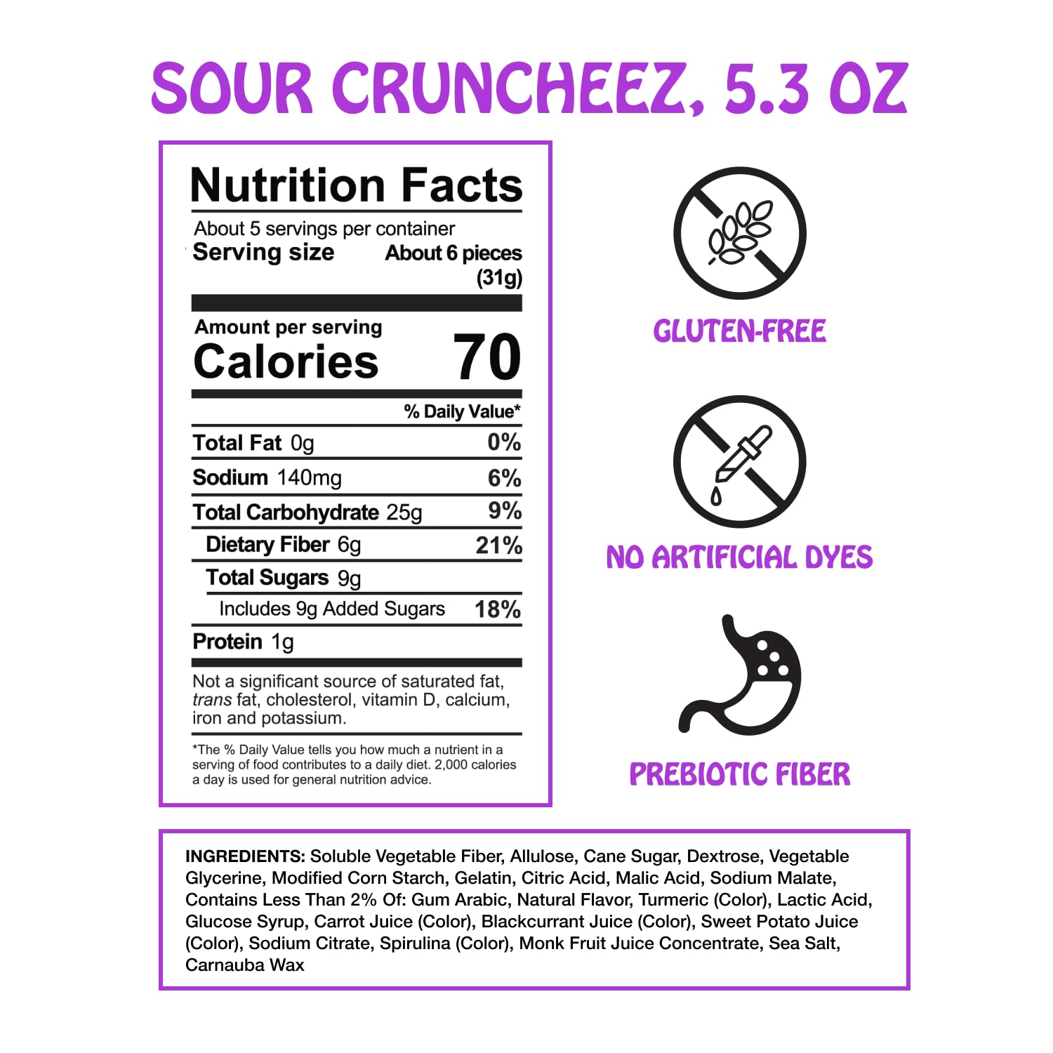 Rotten Sour Gummy Cruncheez - Low Sugar, Low Calorie, 5g Gut-Friendly Prebiotic Fiber, Gluten Free Candy, No Artificial Dyes - 5.3 oz Share Pack [2