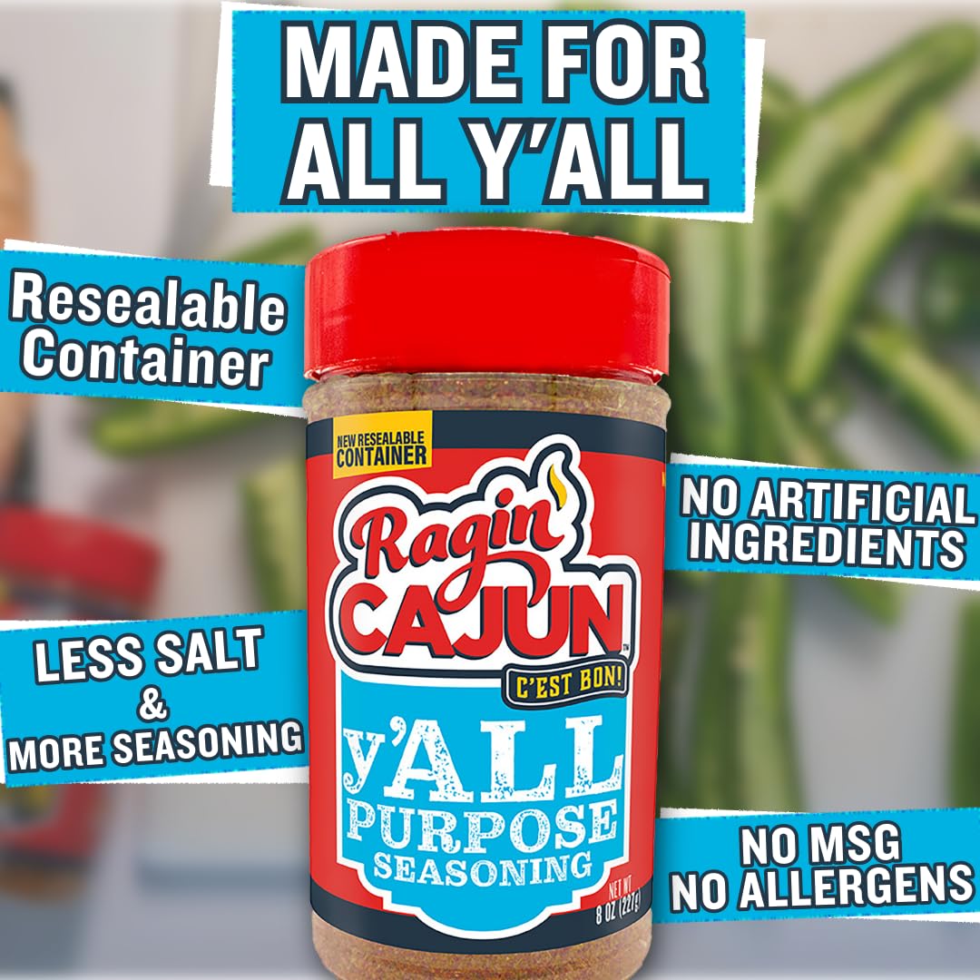Ragin' Cajun y'ALL PURPOSE Seasoning - 8 oz Shaker - Pack of 2, Low Sodium, No MSG - Mild Louisiana Cajun Spice for Meats, Seafood & Veggies