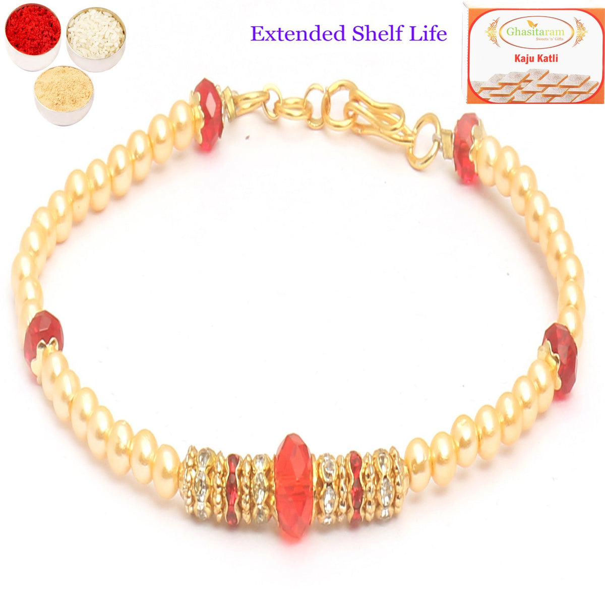 Ghasitaram Gifts Rakhi for Brother Rakhis Online - Set of 2 Red Pearl Bracelet Rakhi with 400 GMS of Kaju katli