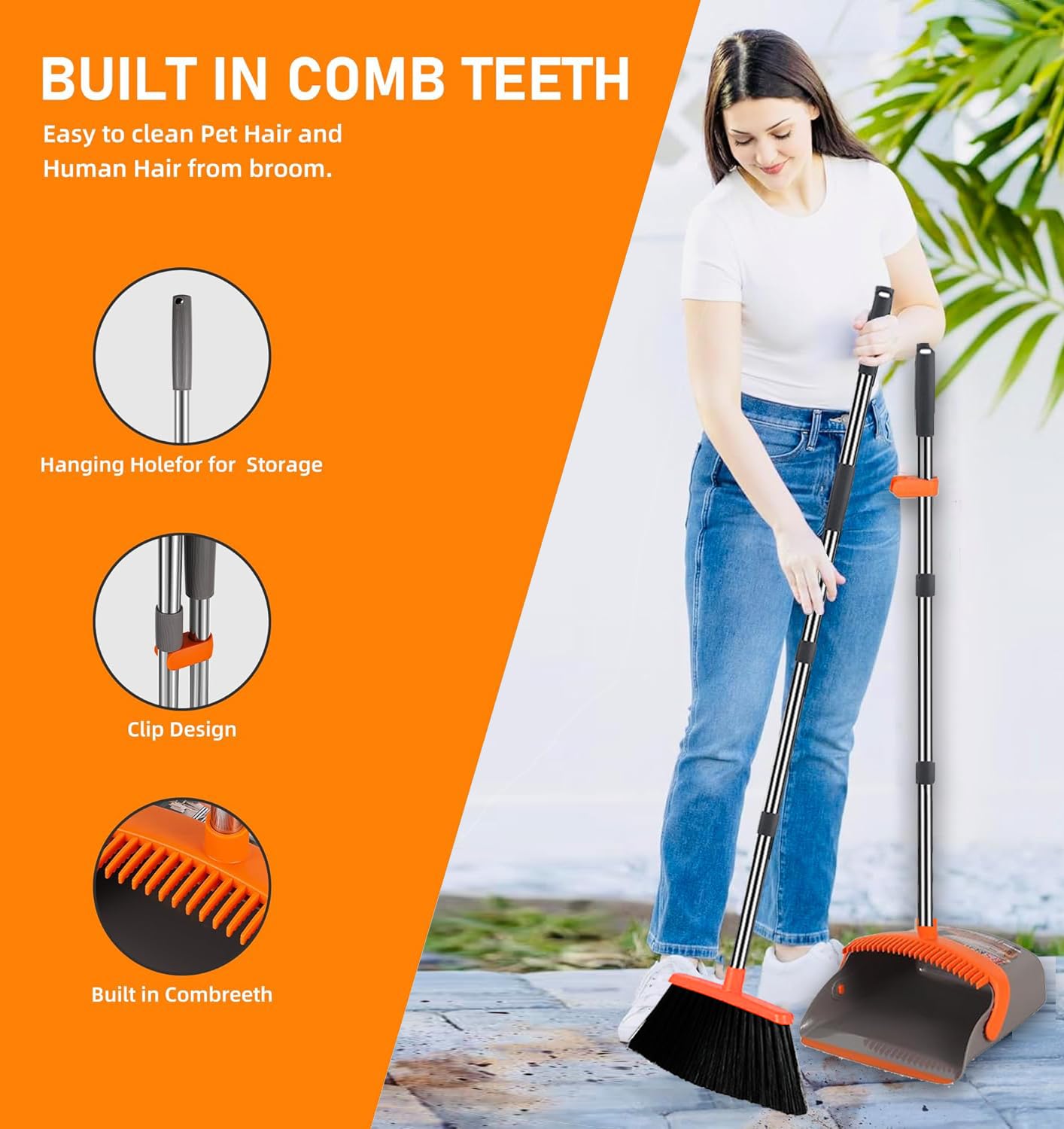 2-Pack is More economical,Upgraded Broom and Dustpan,with 52" Long Handle, Dustpan Teeth with self-Cleaning Function, Indoor and Outdoor Sweeping
