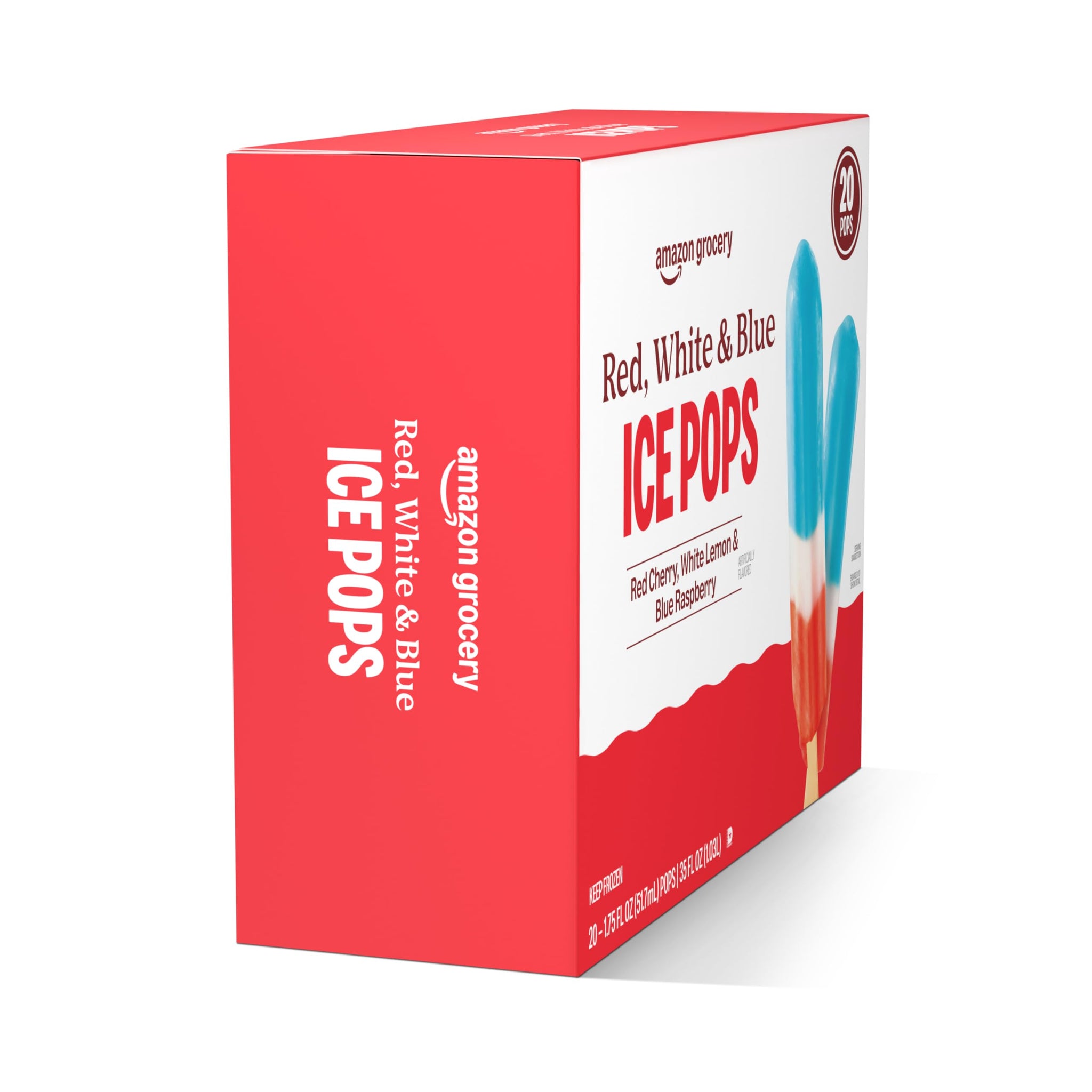 Amazon Grocery, Ice Pop, Red Cherry, White Lemon & Blue Raspberry, 1.75 Fl Oz, Pack of 20, Frozen