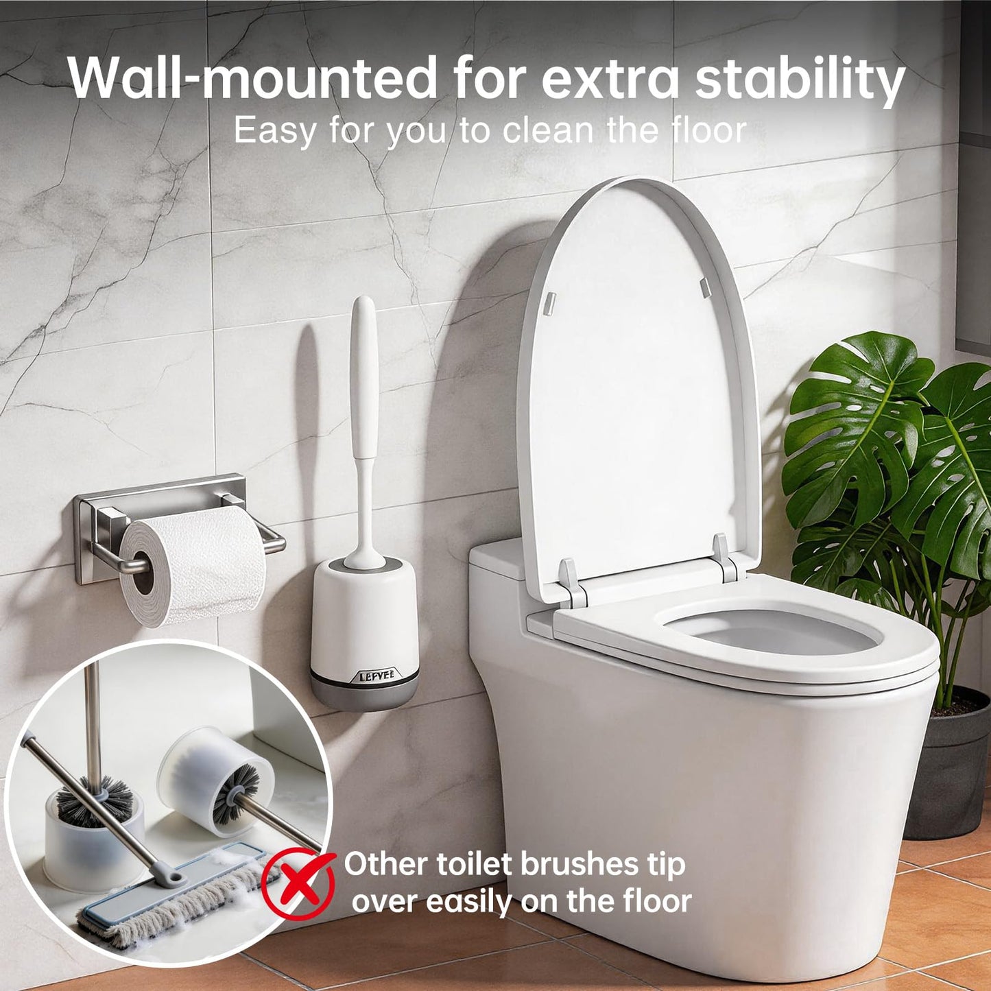 Lefree Silicone Toilet Brush and Holder, Bathroom Cleaner Brush Set, Non-Slip Handle Toilet Bowl Brush with TPR Soft Bristle, Wall Mounted/Floor