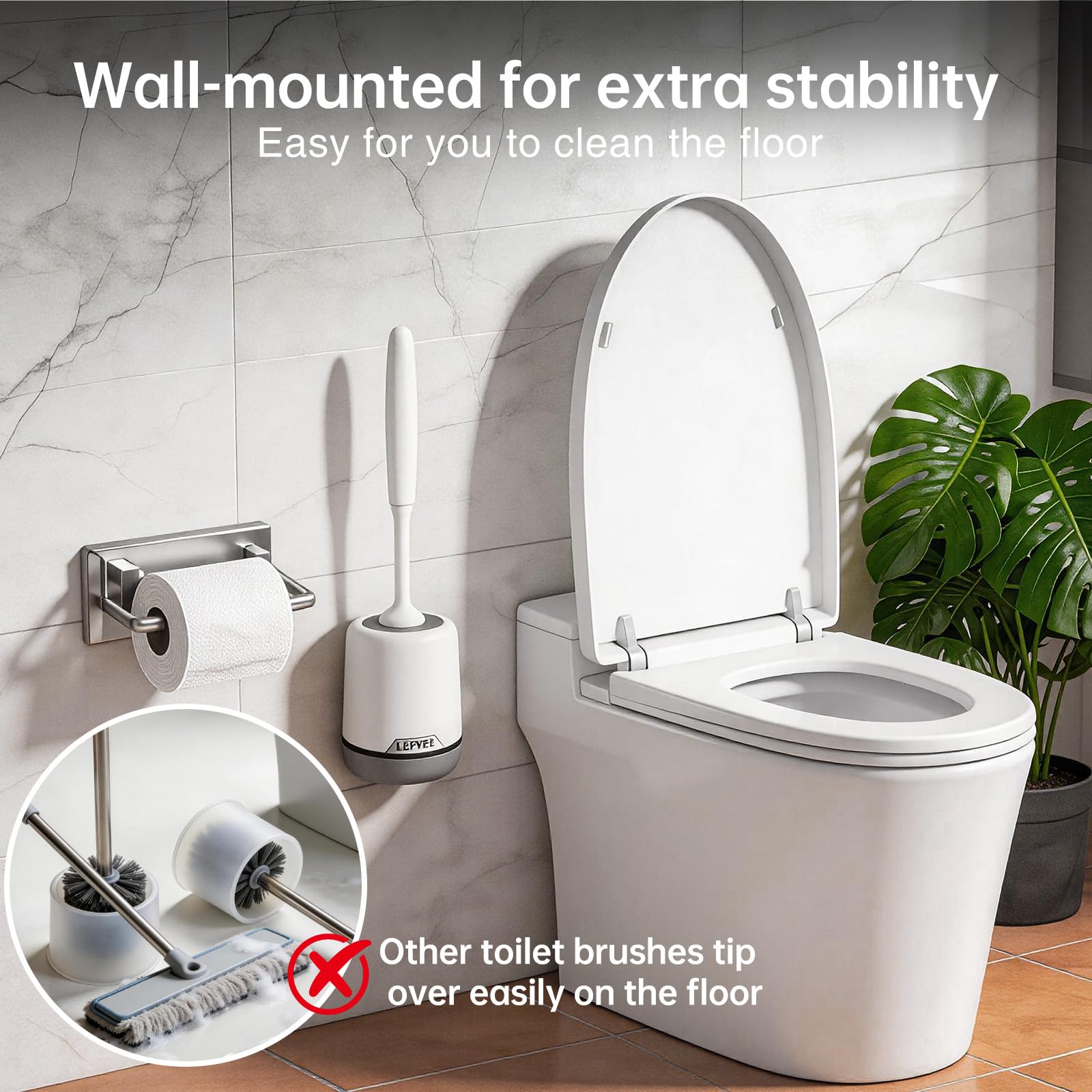 Lefree Silicone Toilet Brush and Holder, Bathroom Cleaner Brush Set, Non-Slip Handle Toilet Bowl Brush with TPR Soft Bristle, Wall Mounted/Floor