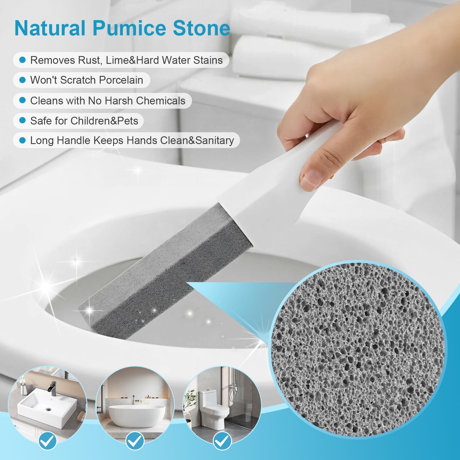 8 Pack Pumice Stone Toilet Bowl Cleaner with Long Handle - Replaceable Toilet Pumice Stone, Equipped with 2 Handles and 8 Floating Stones for Cleaning