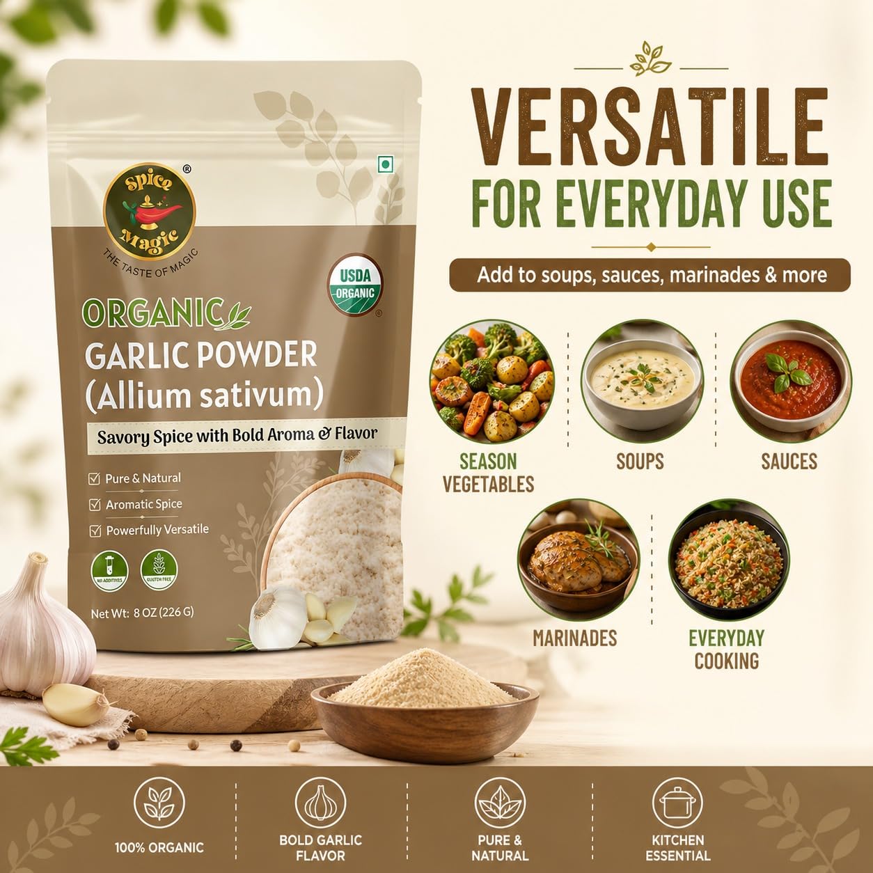 Spice Magic Organic Garlic Powder (Allium sativum),8 oz (226 g) | Finely Ground & Aromatic | Lab Tested,No ETO & Additive-Free | Premium Garlic