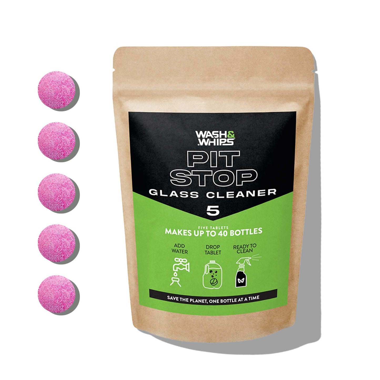 WASH&WHIPS Glass Cleaner Tablets (Makes 5 Gal/20L/40 Bottles) - Streak-Free, Cleans Glasses, Windows, Windshields - Car, Office, Home & Kitchen (5