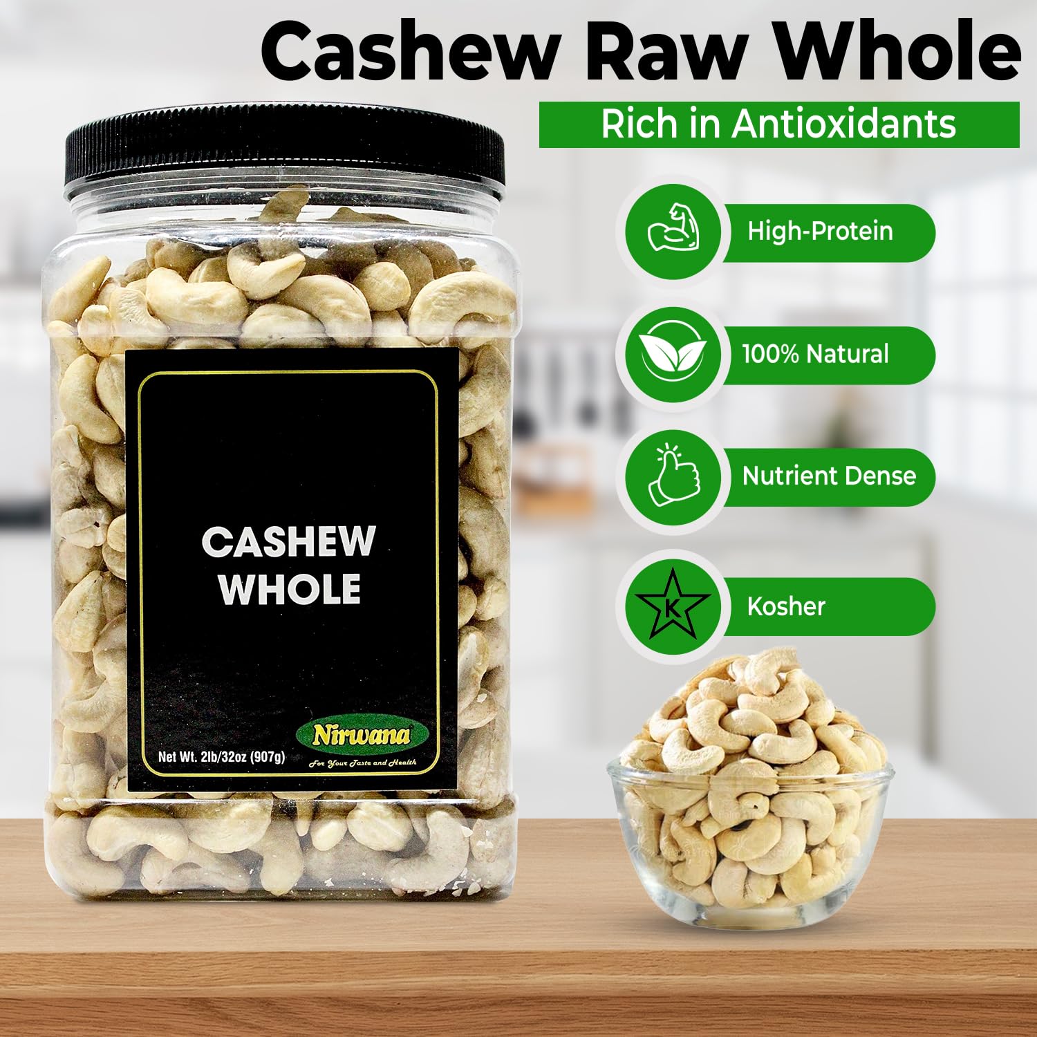 Raw Cashew - Premium Whole Nuts, Unsalted | Perfect for Snacks, Baking, and Dairy-Free Recipes | Keto-Friendly, High in Protein | 32 oz by Nirwana