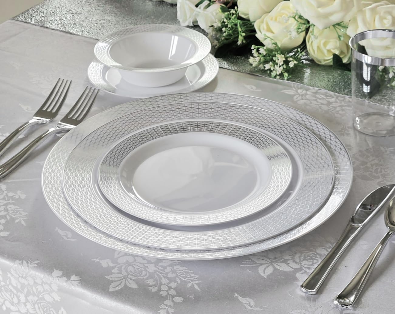 OCCASIONS 40 Pack Silver Charger Plates - 12 Inch Disposable Chargers for Dinner Plates Bulk, Premium Heavyweight Plastic for Wedding, Party & Events