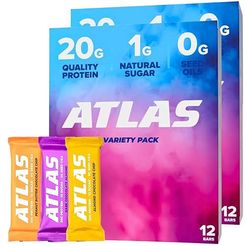 Atlas Real Food Protein Bar - 20g Protein, 10g Fiber, 1g Sugar, No Seed Oils, No Artificial Sweeteners (Variety, 24 Count)