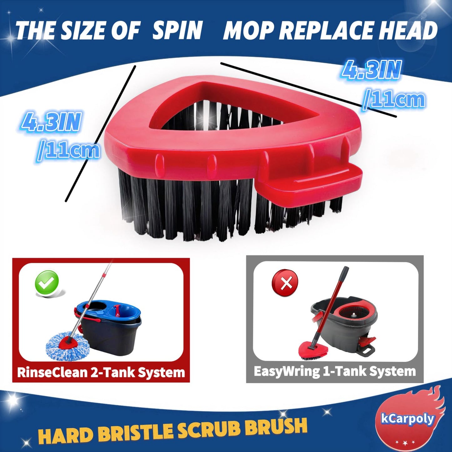 Spin Scrub Brush, 2 Pack Mop Head Replacements Compatible for O Ceda RinseClean 2 Tank System, Hard Bristle Cleaning Brush for Tile, Shower Cleaner