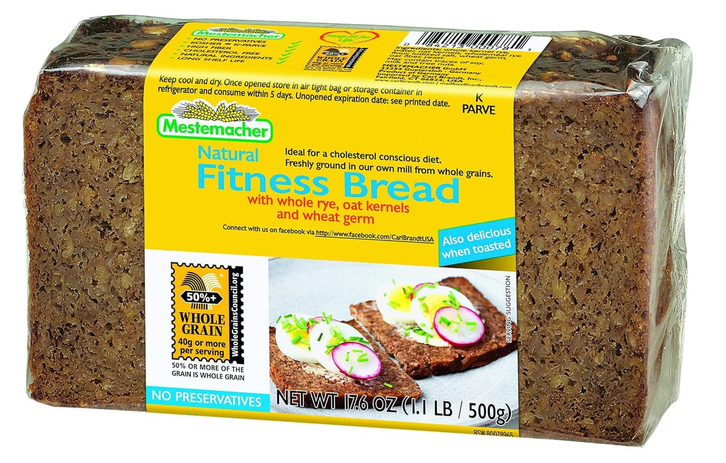Mestemacher Natural Fitness Bread, 17.6 Oz - High Fiber Whole Grain German Bread, Non-GMO, Healthy Fitness, Ready to Eat, Long Shelf Life (Pack of 6)