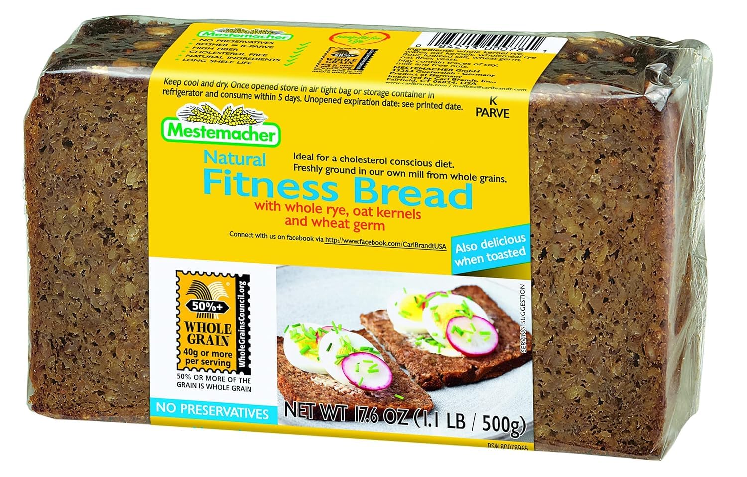 Mestemacher Natural Fitness Bread, 17.6 Oz - High Fiber Whole Grain German Bread, Non-GMO, Healthy Fitness, Ready to Eat, Long Shelf Life (Pack of 6)