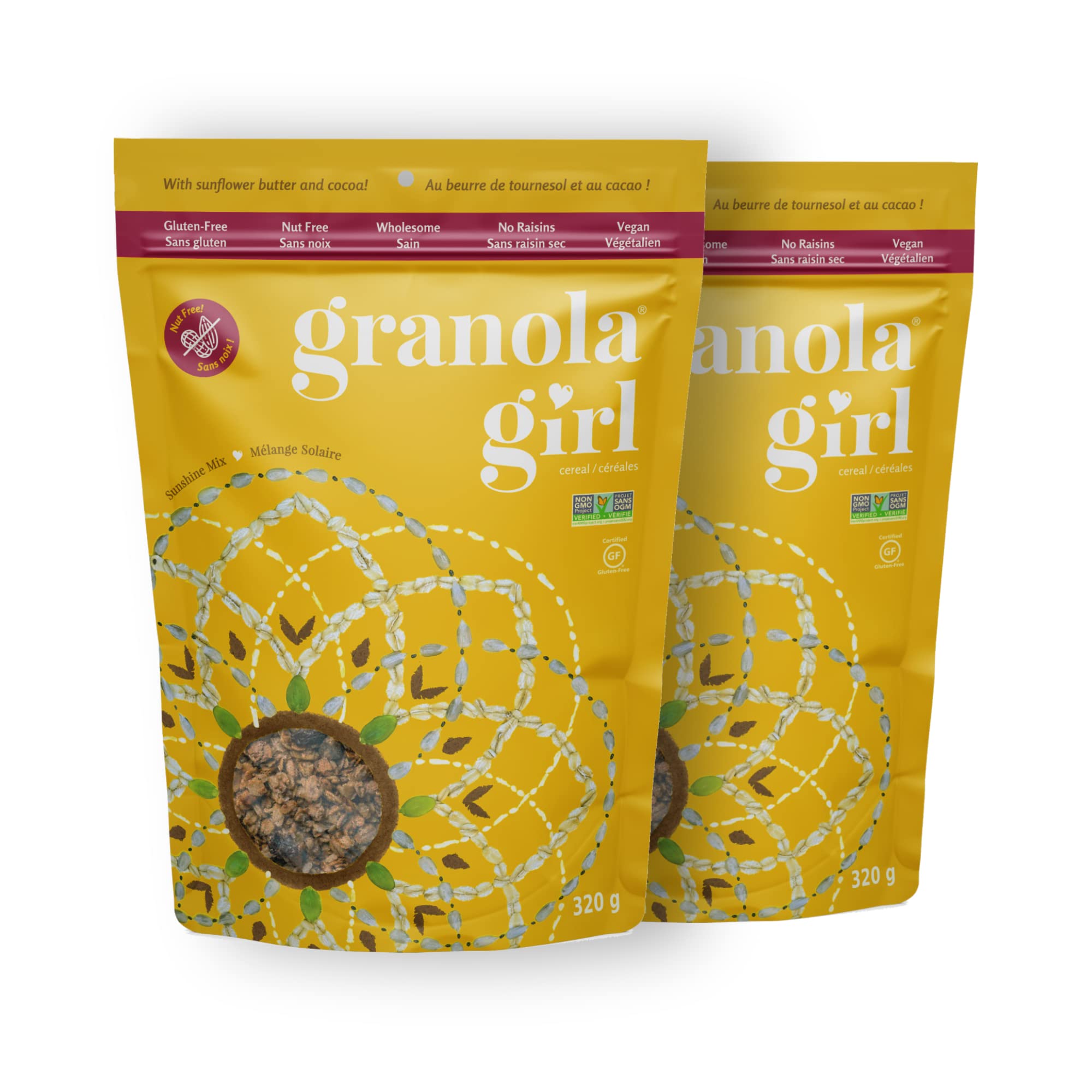 Organic Soft & Chewy Granola, Vegan, Gluten-Free, Non-GMO & Nut-Free Snack with Oats, Coconut, Seeds & Cocoa, Sunshine Mix, 2-Pack (11oz Bags)