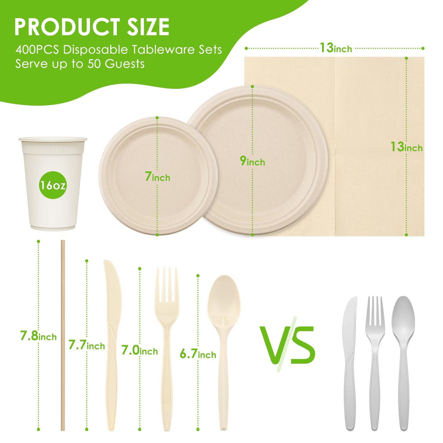 FEHHTO 400PCS Disposable Paper Plates Set, Compostable Eco-friendly Dinnerware Set, Biodegradable Heavy-Duty Paper Plates, Utensils, Cups, Napkins