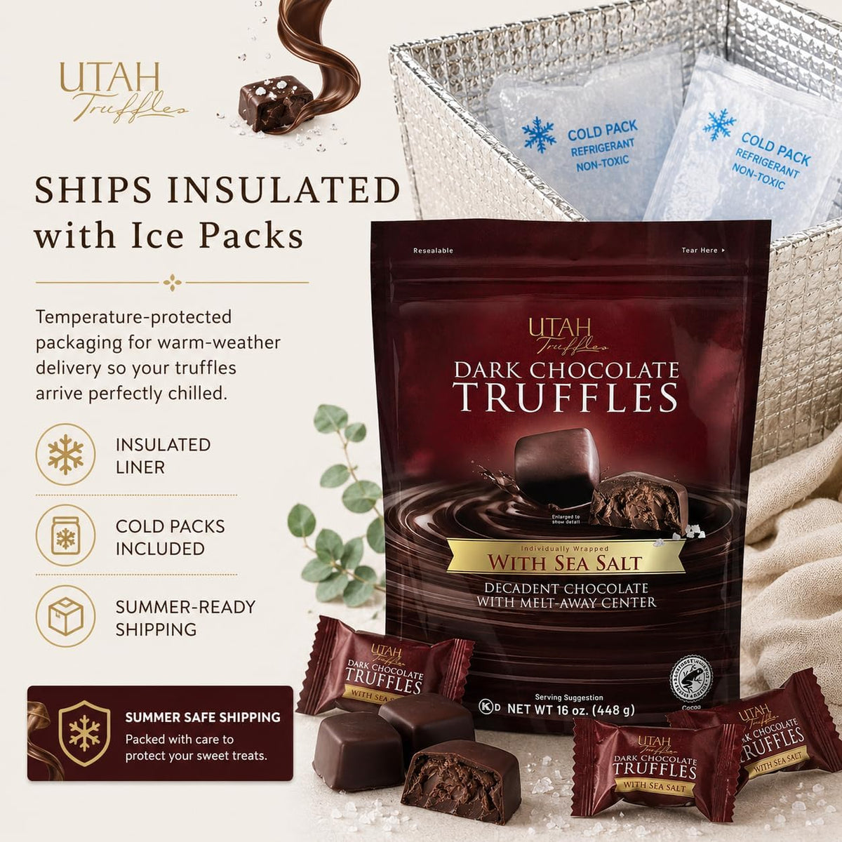 Utah Truffles Sea Salt Dark Chocolate Individually Wrapped Pouch, Naturally Gluten Free, Gourmet Smooth Creamy Natural Truffle, 16 oz (Pack of 1, Sea