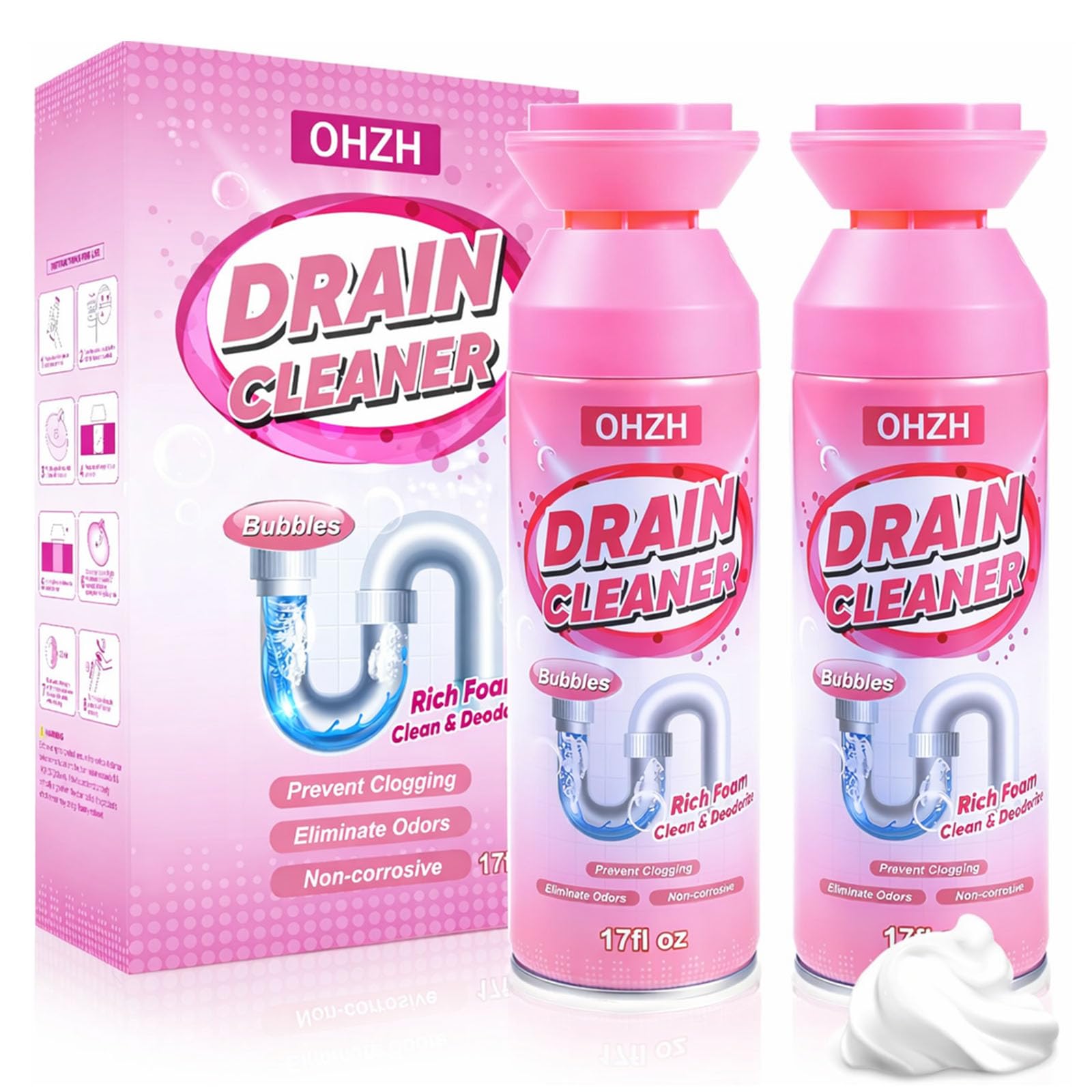 Foaming Drain Cleaner,Drain Clog Remover -Sink Cleaner and Deodorizer,Foaming Cleaners for Kitchen, Sinks, Shower Drains,Tub (2pcs)