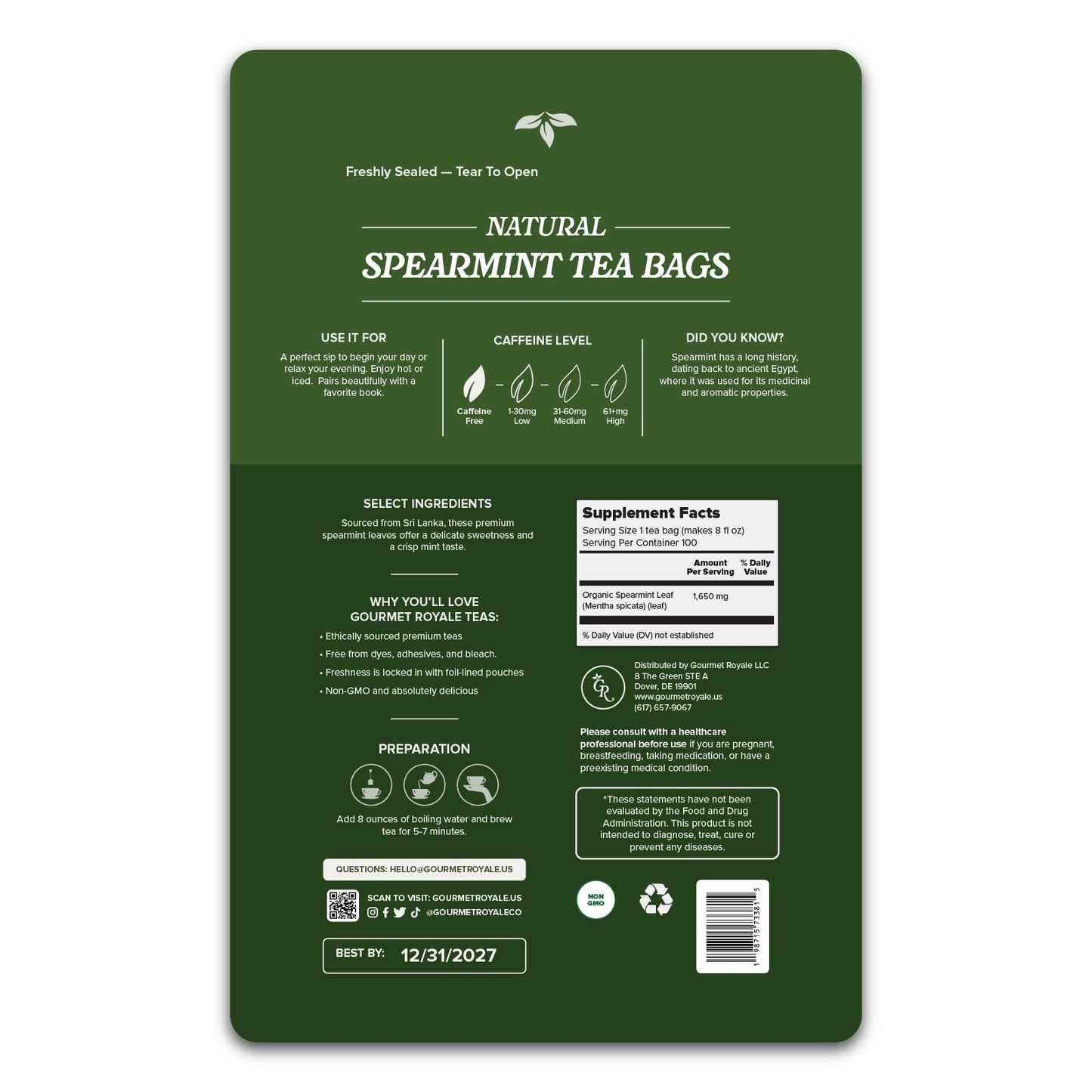 Gourmet Royale Spearmint Tea, 100 Count, Sustainable Tea Bags, Caffeine & Sugar Free, Resealable Pouch, Refreshing & Natural, Grown in Sri Lanka