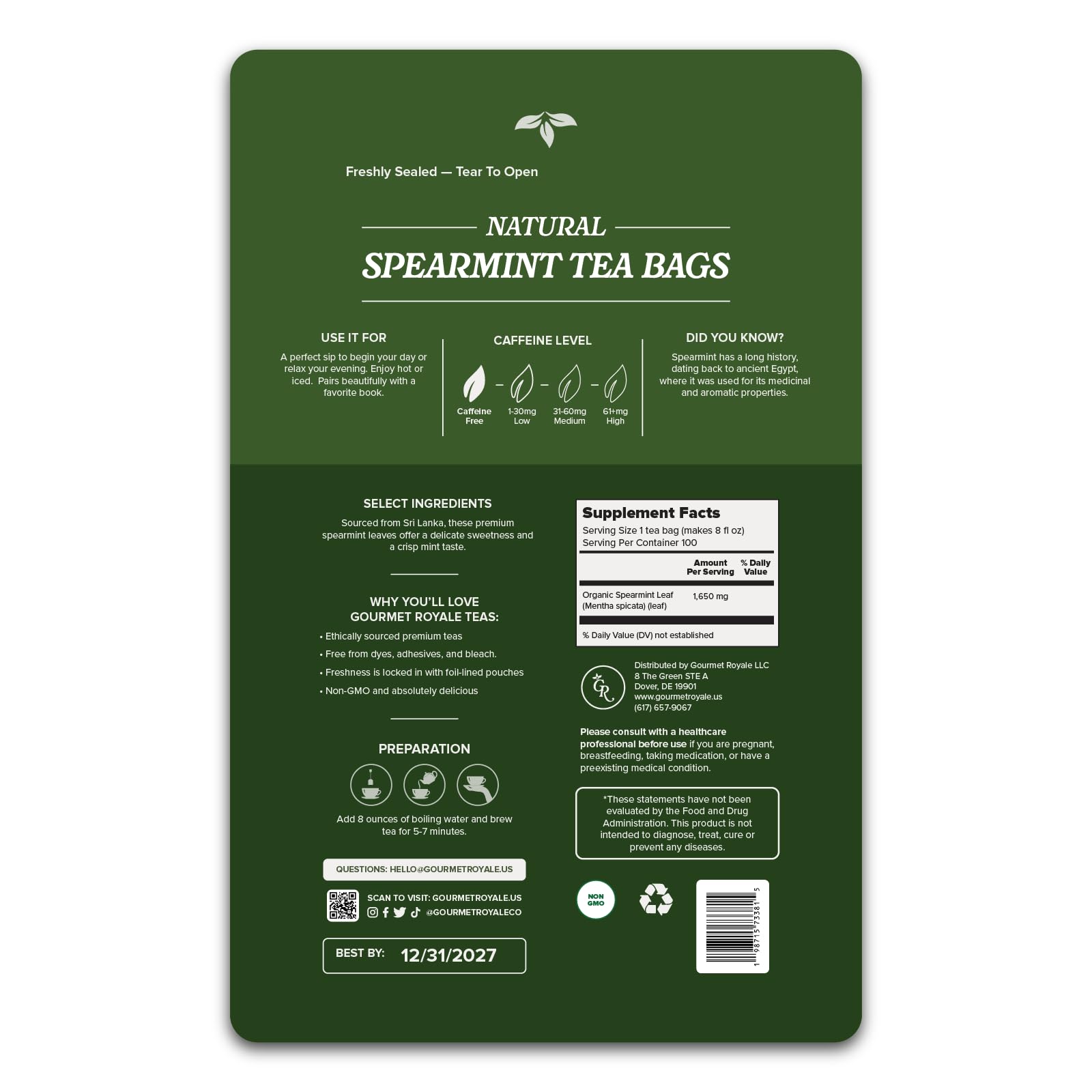 Gourmet Royale Spearmint Tea, 100 Count, Sustainable Tea Bags, Caffeine & Sugar Free, Resealable Pouch, Refreshing & Natural, Grown in Sri Lanka