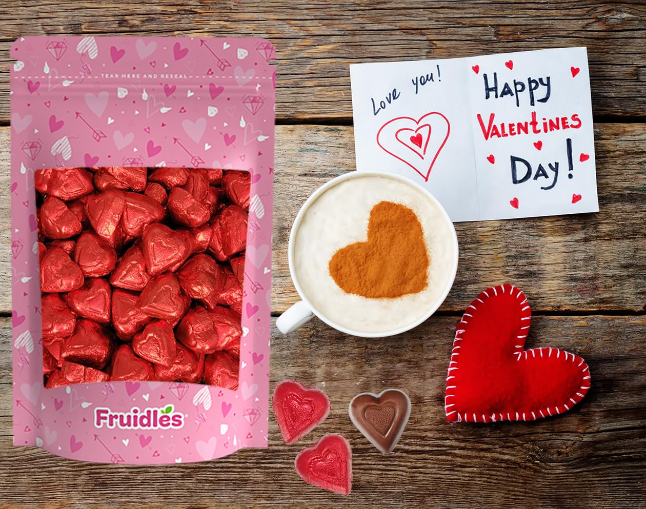 2 Pounds Fruidles Valentine's Milk Chocolate Hearts, Party Bag Fillers, Red Individually Wrapped Foils, Kosher Certified