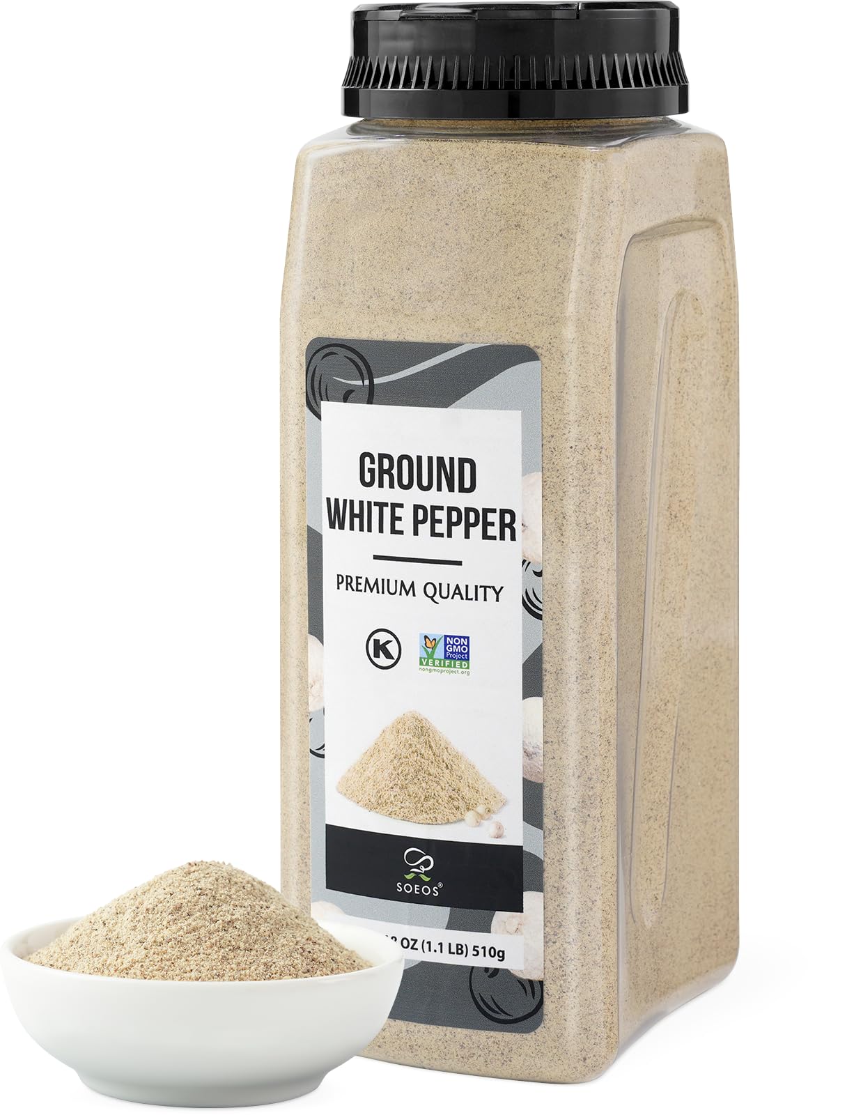 Soeos Ground White Pepper, 18oz (510g), Non-GMO, Kosher Certified, Fresh, Aromatic and All-Natural, White Peppercorns Powder, Perfect for Barbecue