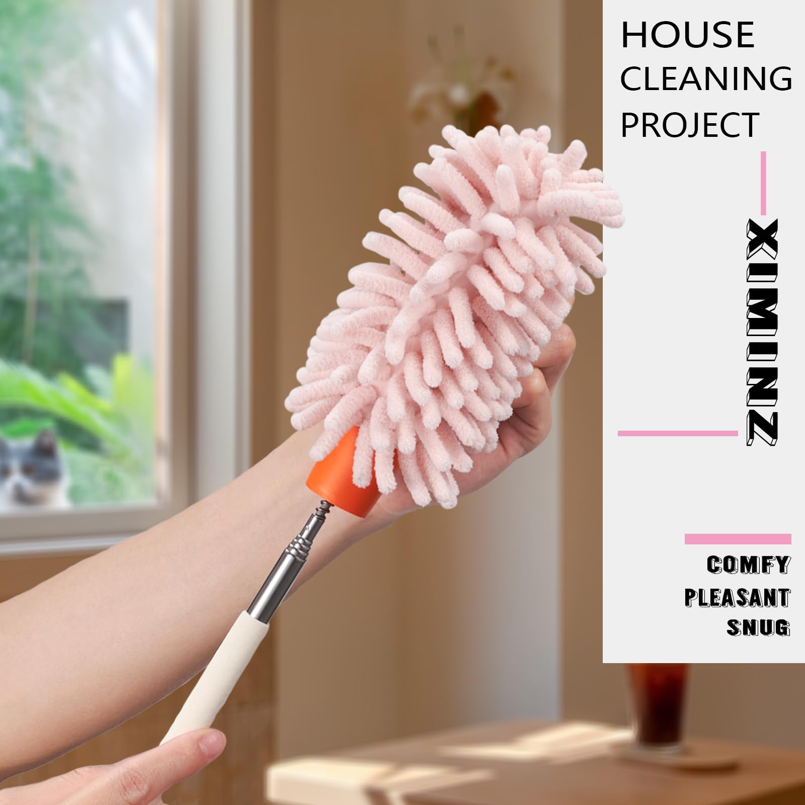 Pink Retractable Microfiber Duster for Cleaning Extendable Washable Hand Duster Feather Duster Cleaning Tool for Cleaning Office, Car, Window