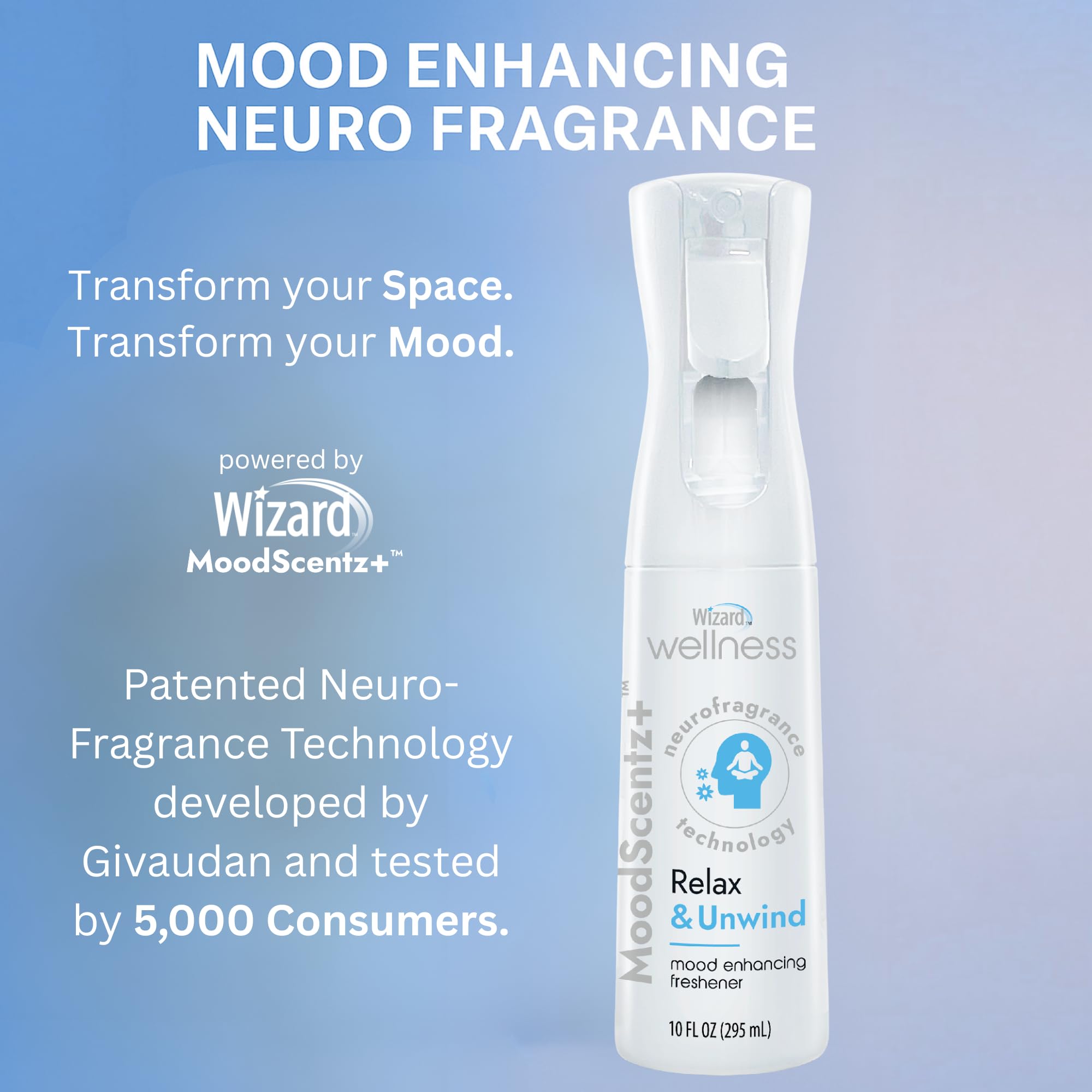 Wizard MoodScentz™ (Relax & Unwind) Patented Science-Backed Mood-Enhancing Room Mist, Non-Aerosol Continuous Fine-Mist Spray with Neuro-Fragrance