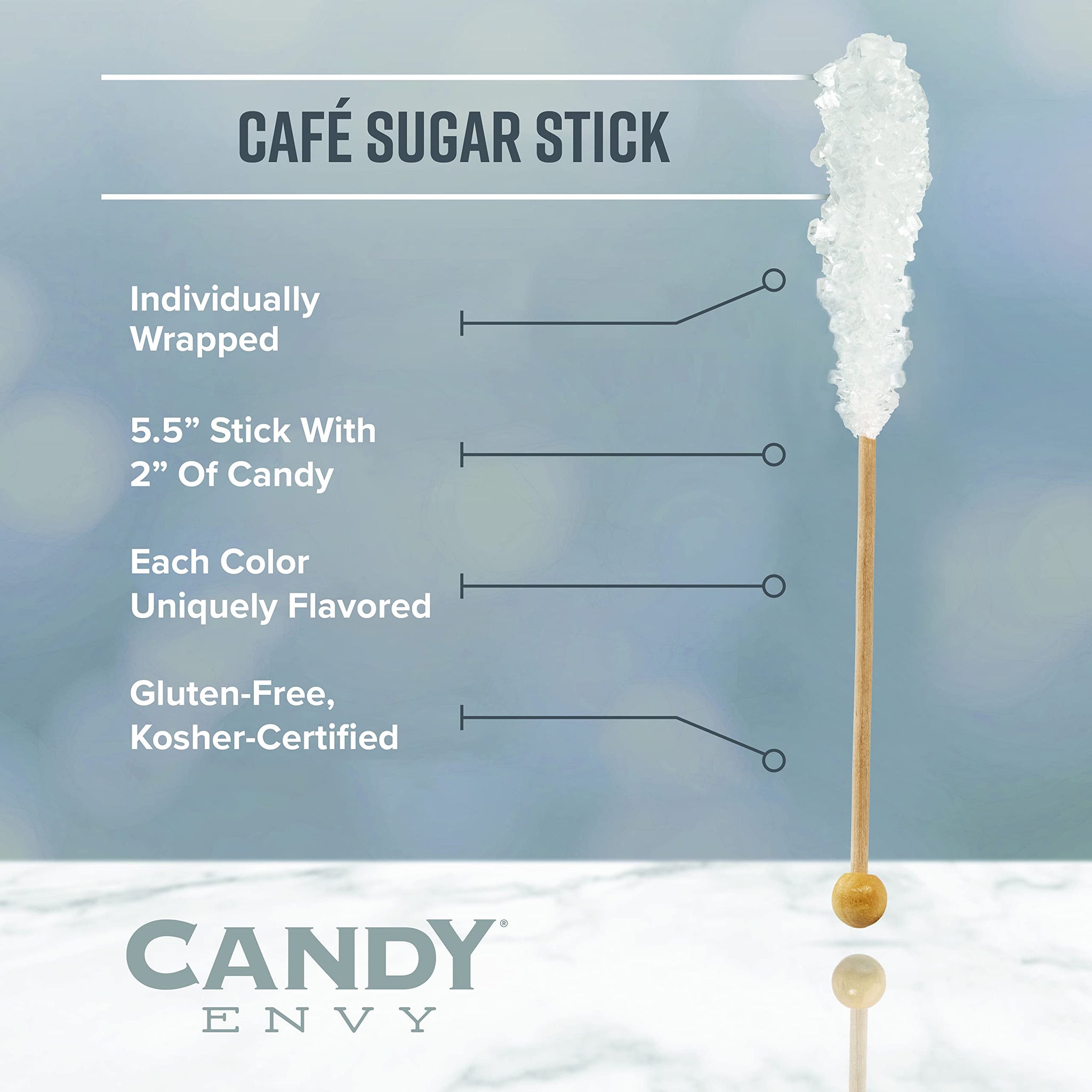 Candy Envy - White Café Sugar Sticks Mini Rock Candy - 18 Individually Wrapped Sugar Stirrer - Original Sugar Flavored