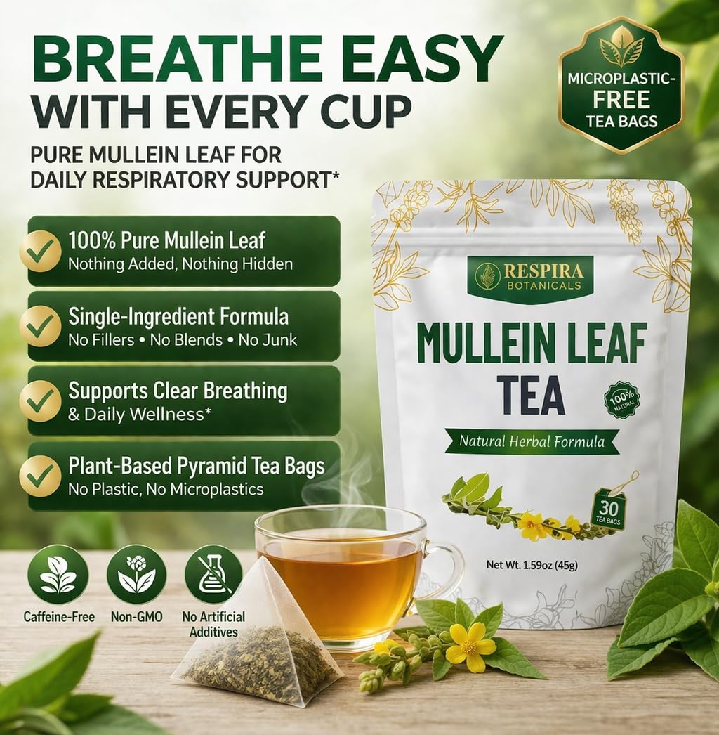 Respira Botanicals - Mullein Leaf Tea Bags for Lungs Cleanse and Respiratory Support, Plastic-Free, Plant-Based Tea Bags, Caffeine-Free, No Additives