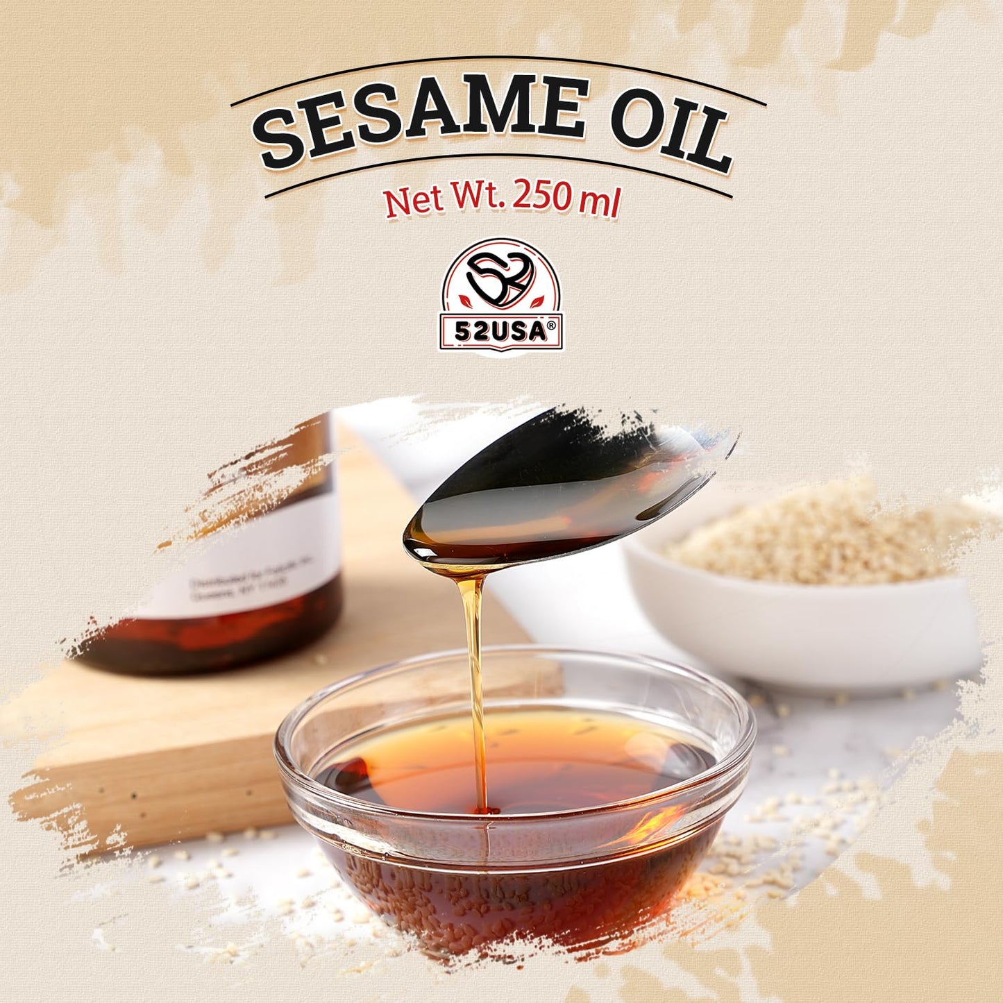 52USA Sesame Oil, Toasted Sesame Oils, Sesames Oil Cooking, 8.45 Fl Oz (250 ml)-Premium Toasted Sesame Seed Oil, Aromatic & Nutty Flavor, 100% Pure