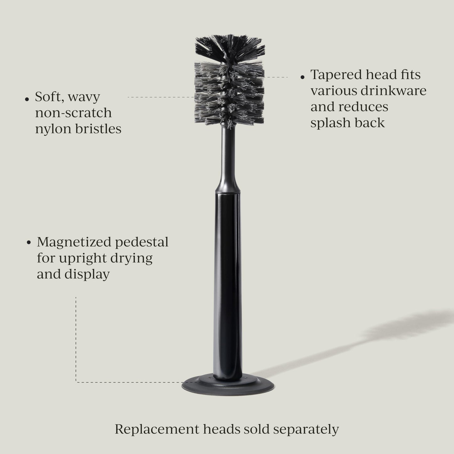 Curio Home Goods Ionic Bottle Brush, Magnetized to Stand Upright, Stainless Steel with Replaceable Head, Onyx/Black