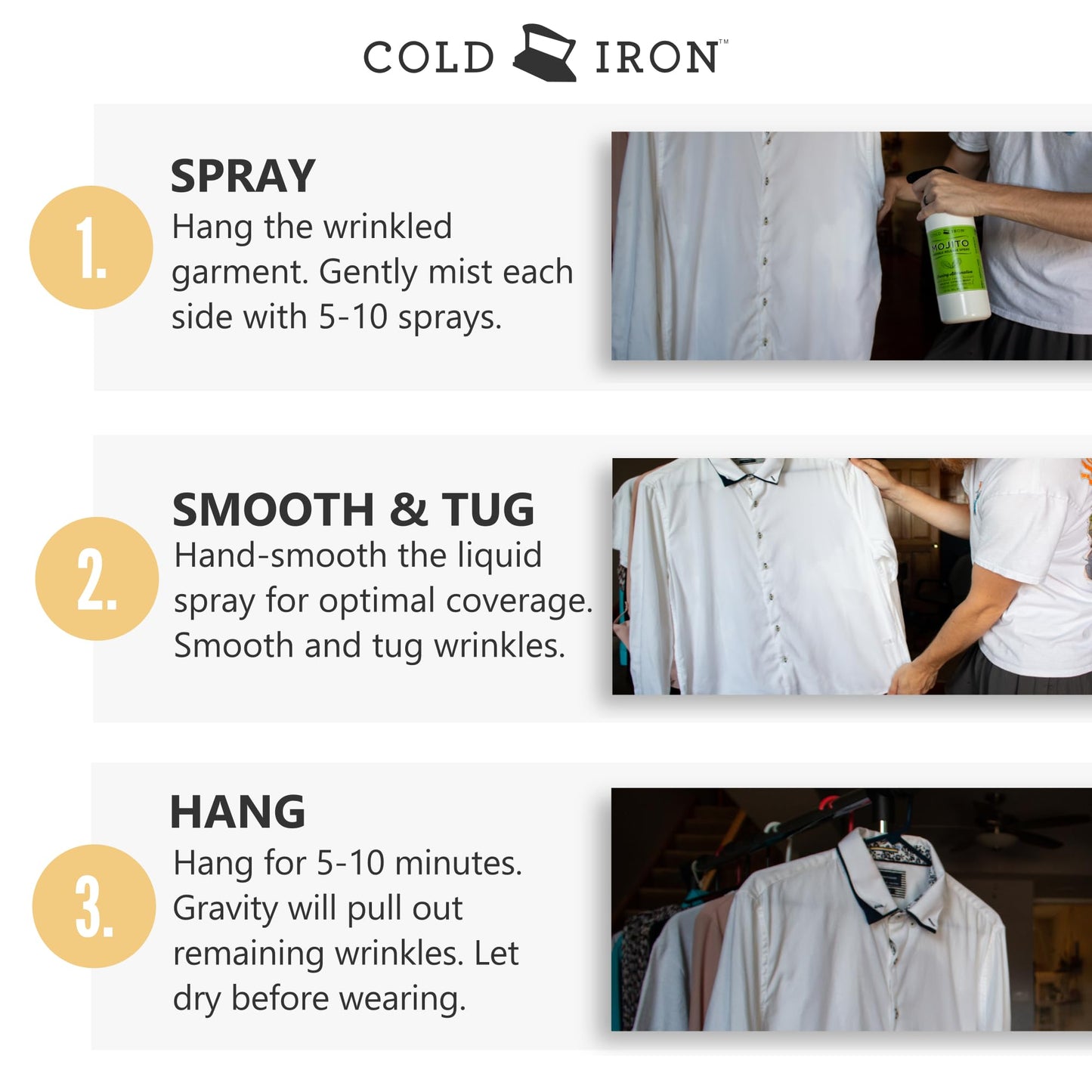Cold Iron Wrinkle Release Spray for Clothes. 32 fl oz. Citrus Mint & Atlas Travel Size 3 fl oz Sea Breeze. Fast, Easy to Use Ironing Alternative