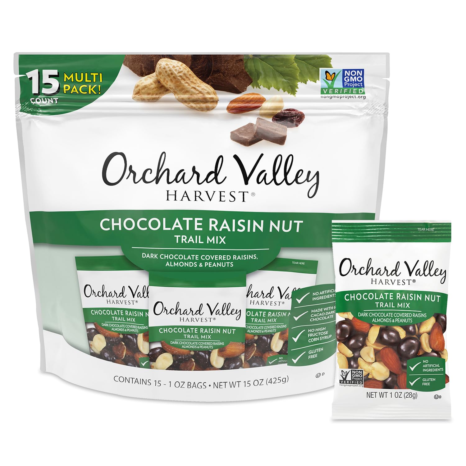 Orchard Valley Harvest Chocolate Raisin Nut Trail Mix, 1 Ounce Bags (Pack of 15), Dark Chocolate Covered Raisins, Almonds, and Peanuts, Trail Mix