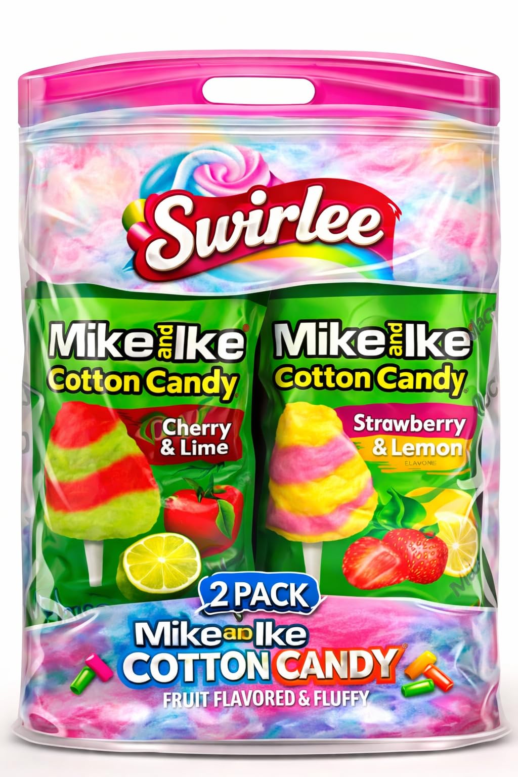 Mike and Ike Cotton Candy, Cherry Lime and Strawberry Lemon Flavors, Soft Fluffy Sugar Floss, 2 Pack