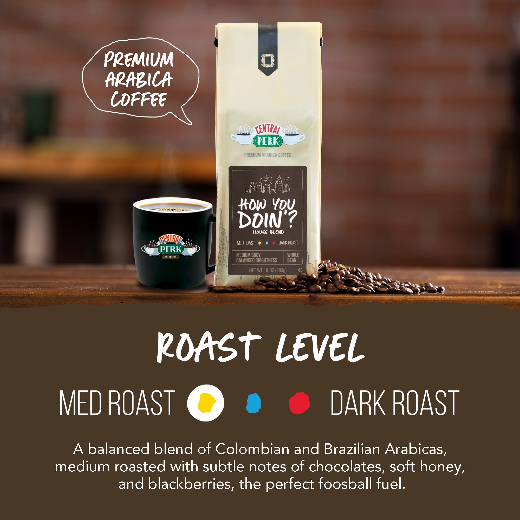 Central Perk Whole Bean Variety Pack - 100% Arabica Coffee Beans, Includes Medium, Medium Dark & Dark Roast Blends, "How You Doin", "Pivot" & "We Were