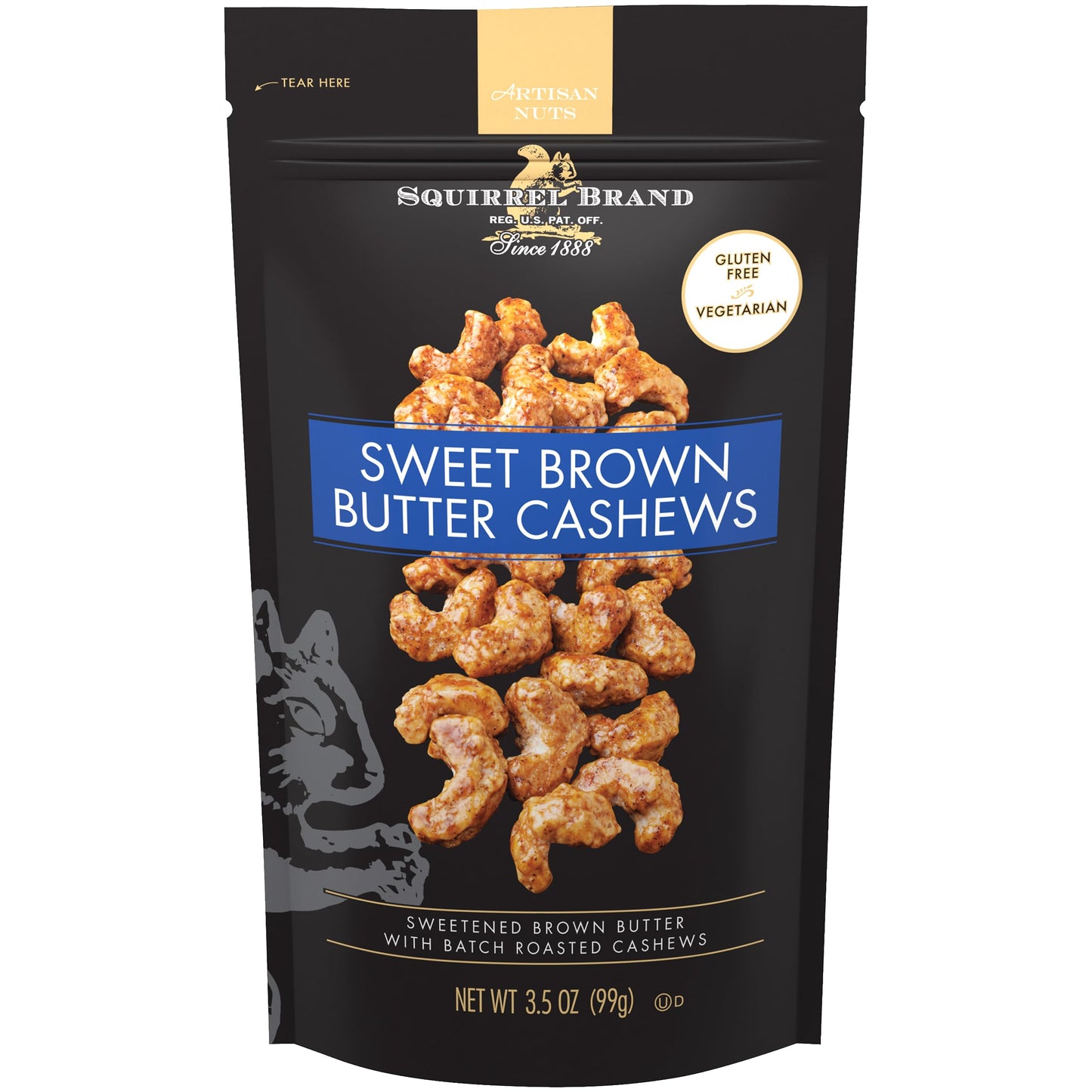 Squirrel Brand Sweet Brown Butter Cashews, 3.5 oz Resealable Bag, Gourmet Flavored Cashews Nuts, Gluten Free, Vegetarian