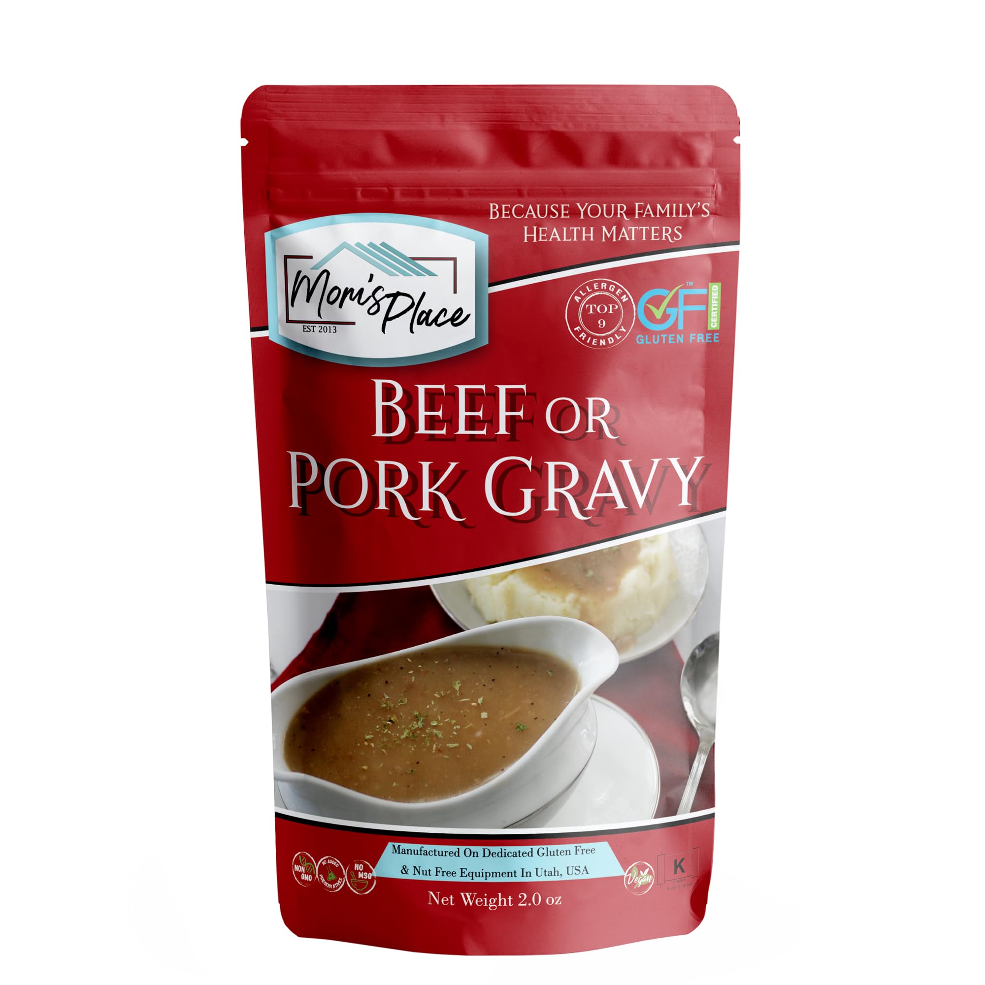 Mom's Place Gluten-Free Beef or Pork Gravy Mix, Vegan & Kosher, Soy Free, Nut Free, Dairy Free, & Corn Free, 2.0 oz, 16 Servings