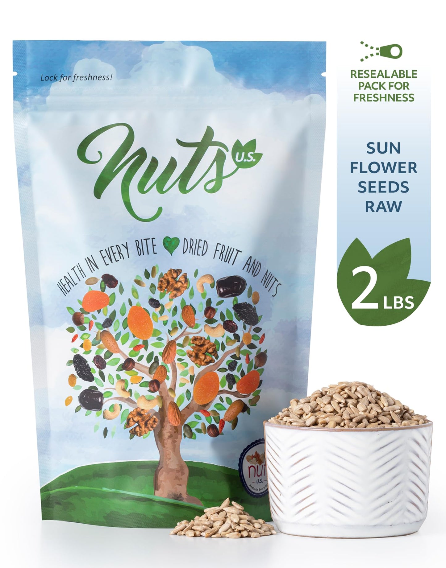 NUTS U.S. - Sunflower Kernels | Raw | A Rich Source of Protein | USA Grown and Packed in Resealable Bags!!! (2 LBS)