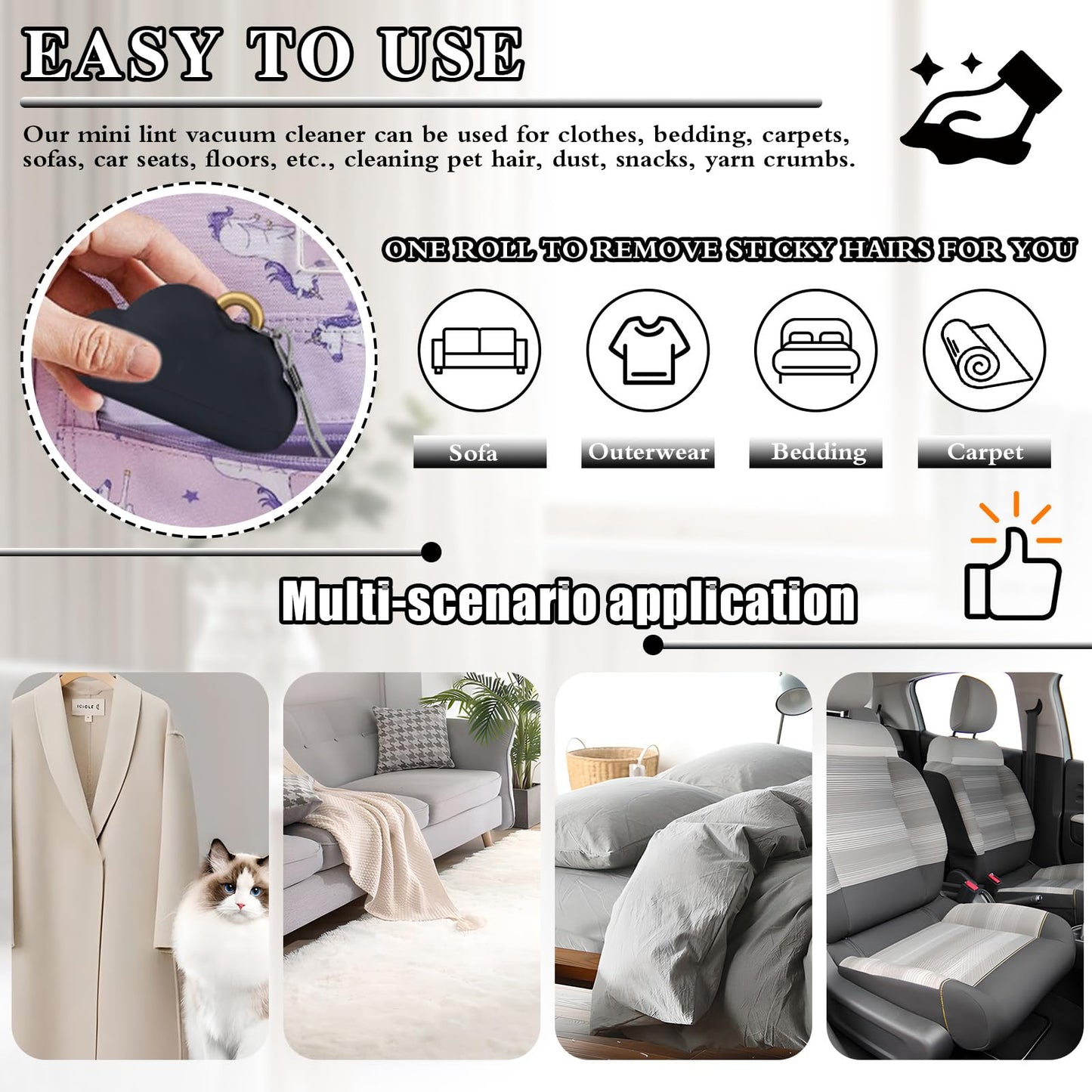 2 Pack Travel Portable Lint Roller with Hand Strap, Reusable Mini Lint Rollers with 6 Refill, Lint Remover for Clothes Bag (Black+White)